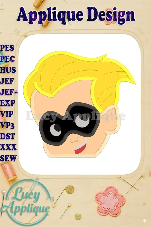 Dash Parr's head applique embroidery design shown in a square frame. The design uses yellow hair, a black mask, and a playful expression.