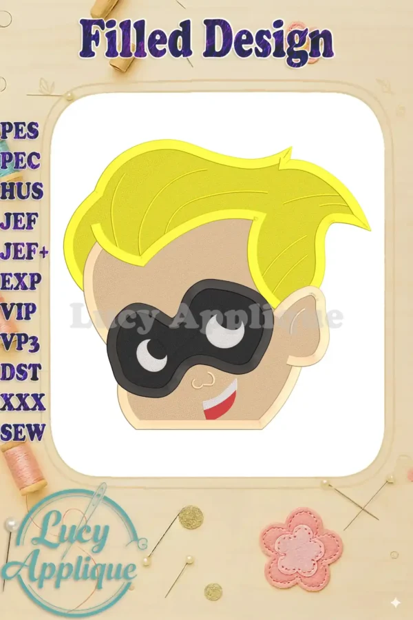 Embroidery design of Dash Parr's head from The Incredibles, showcasing a filled stitch style. The design is cheerful and features bright yellow hair and a black mask.