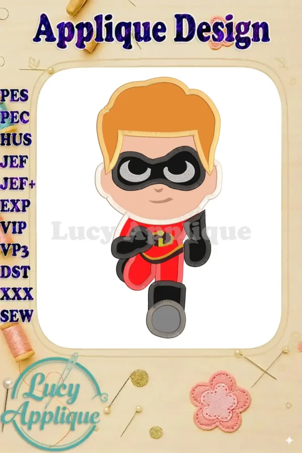 Dash Parr from The Incredibles as an applique embroidery design. This image shows the finished design, ready to be stitched onto a project.