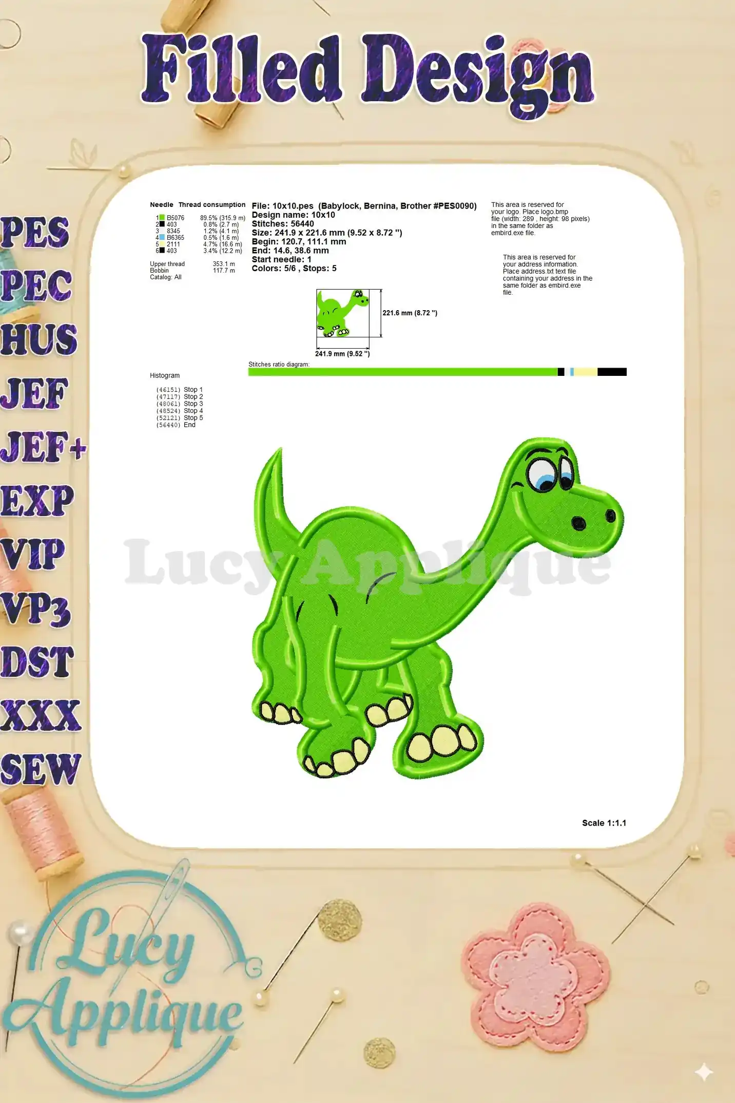 Needle thread consumption chart and other essential information for the Arlo the Good Dinosaur embroidery design, ensuring a smooth embroidery process.