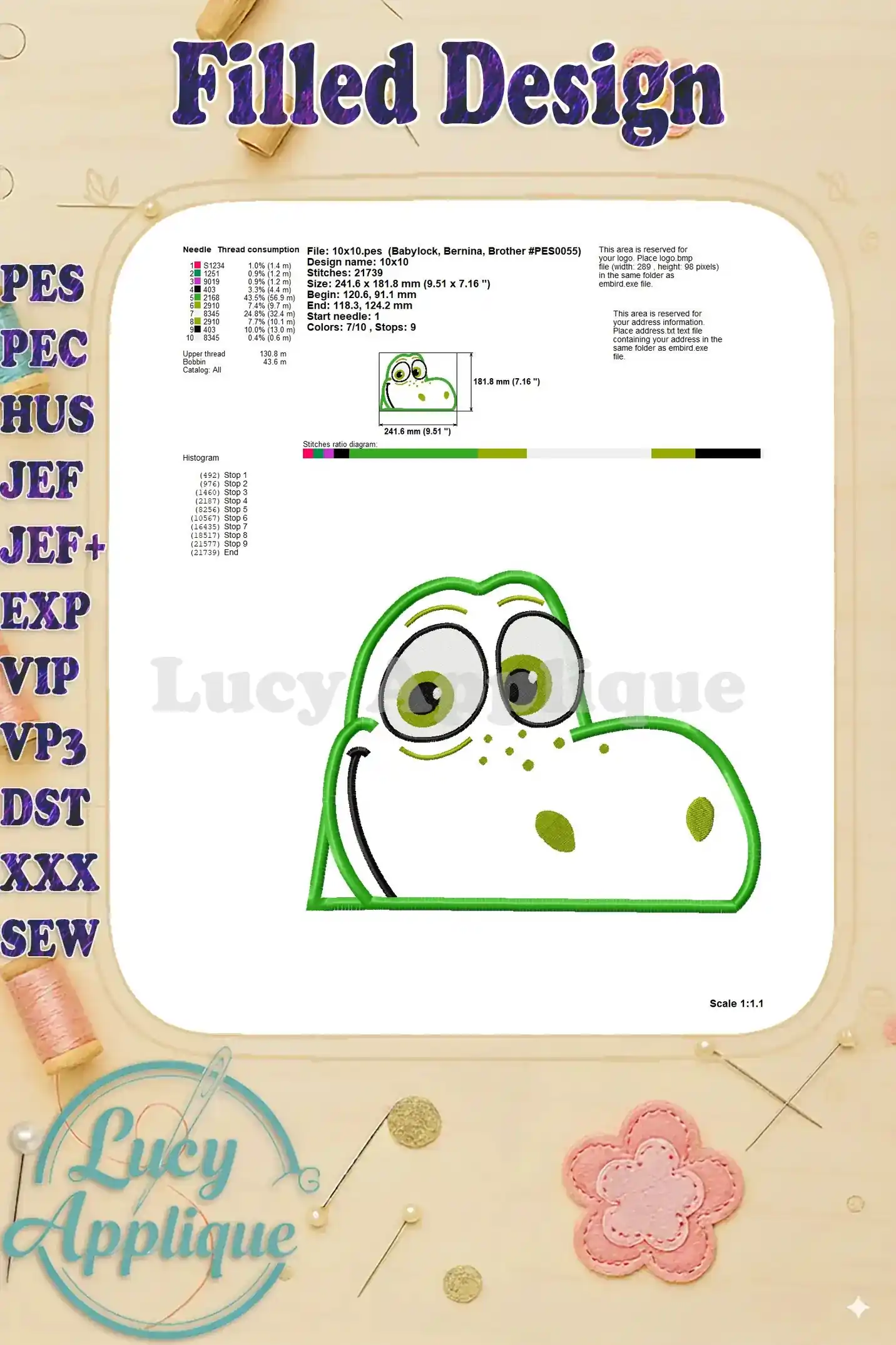 Detailed filled design image of Arlo the Good Dinosaur applique embroidery. Shows needle and thread consumption details for precise stitching.