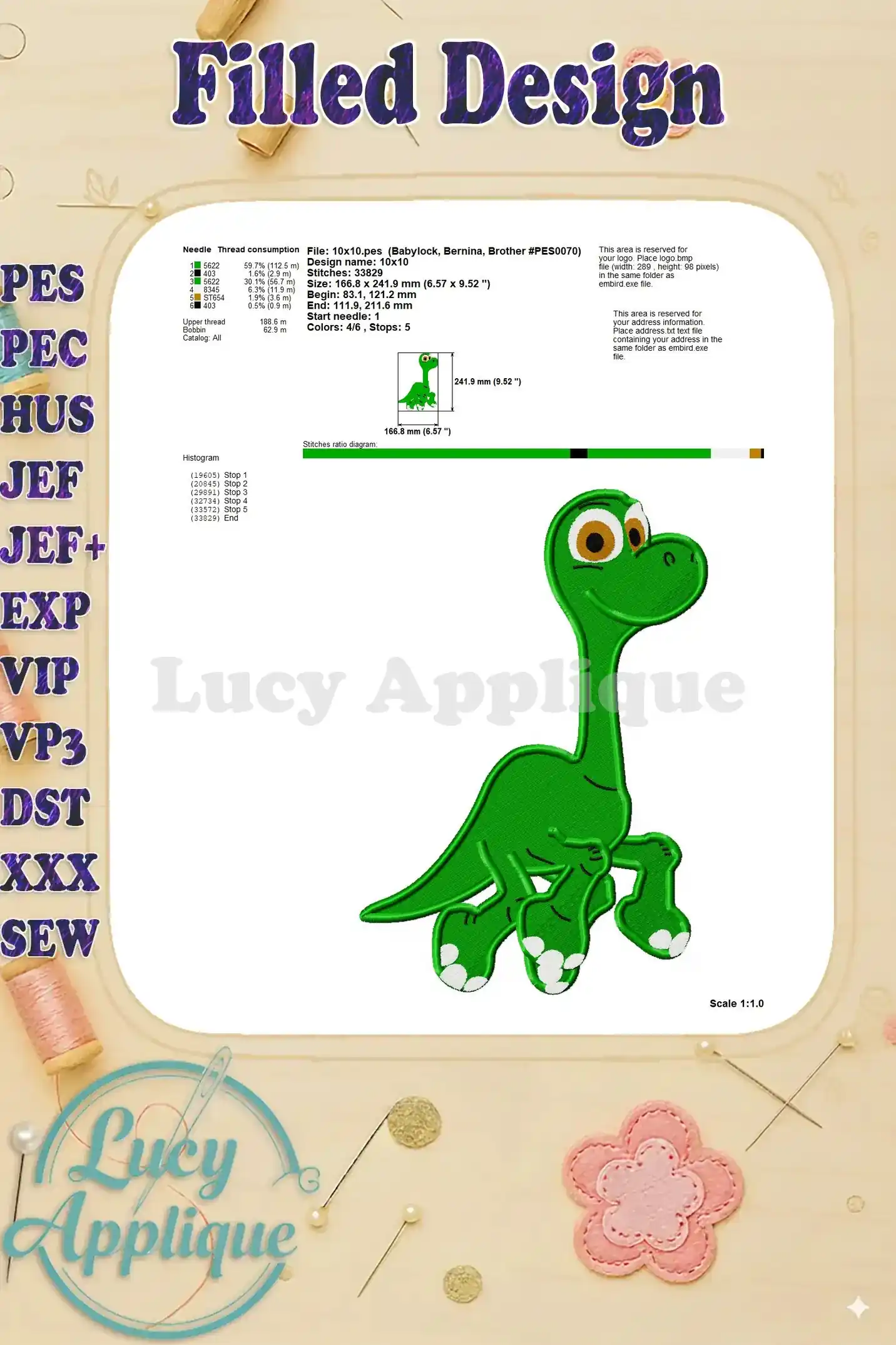 Needle and thread details for Baby Arlo embroidery, including thread consumption and stitch information.