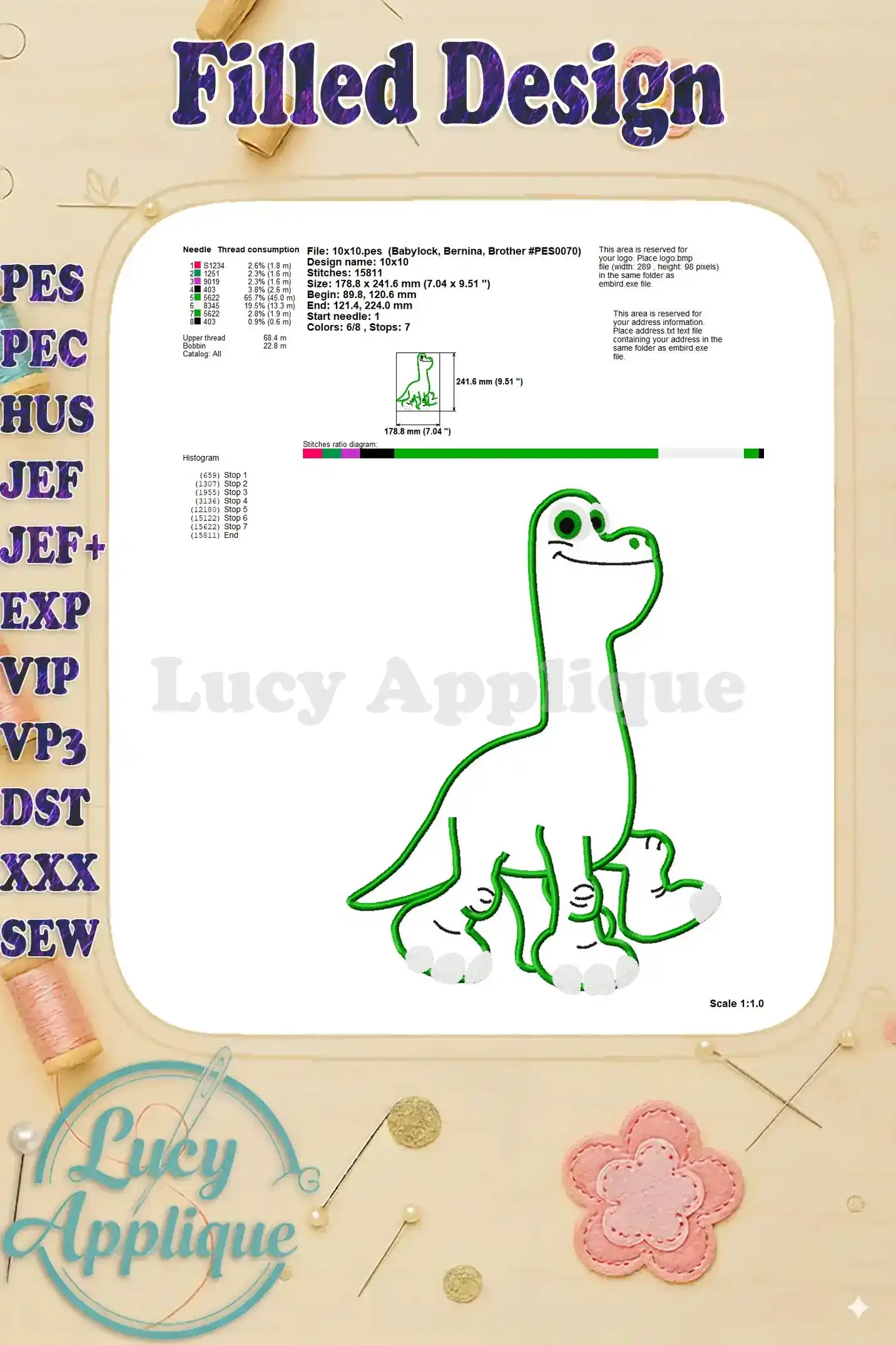 Another filled design image showcasing the completed Buck applique, along with needle thread consumption details and stitch diagrams. The image also provides the design's dimensions.