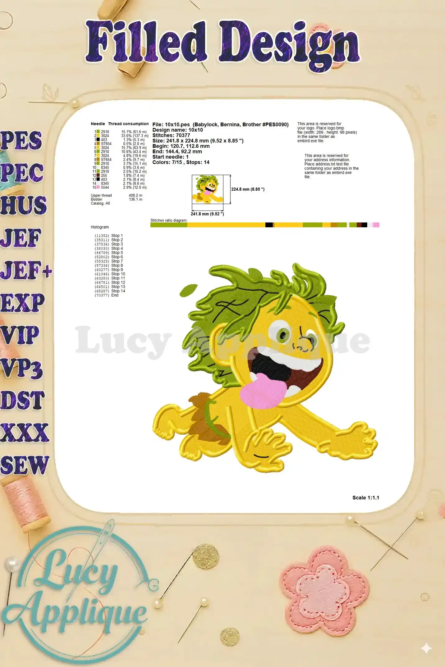 Detailed information about the Spot the Good Dinosaur embroidery design, including stitch count, fabric type, and needle recommendations.