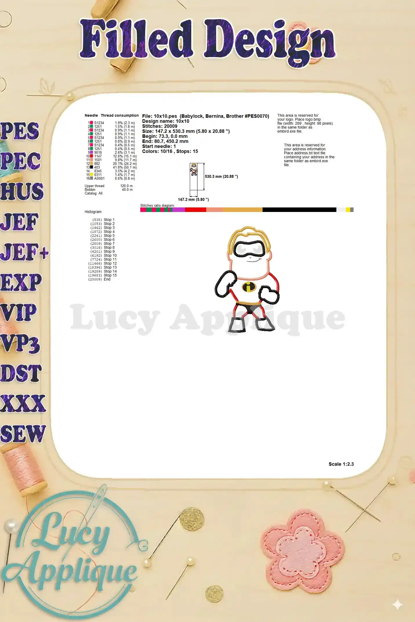 Detailed information about the filled design of Bob Parr, including needle, thread consumption, and other details for embroiderers.