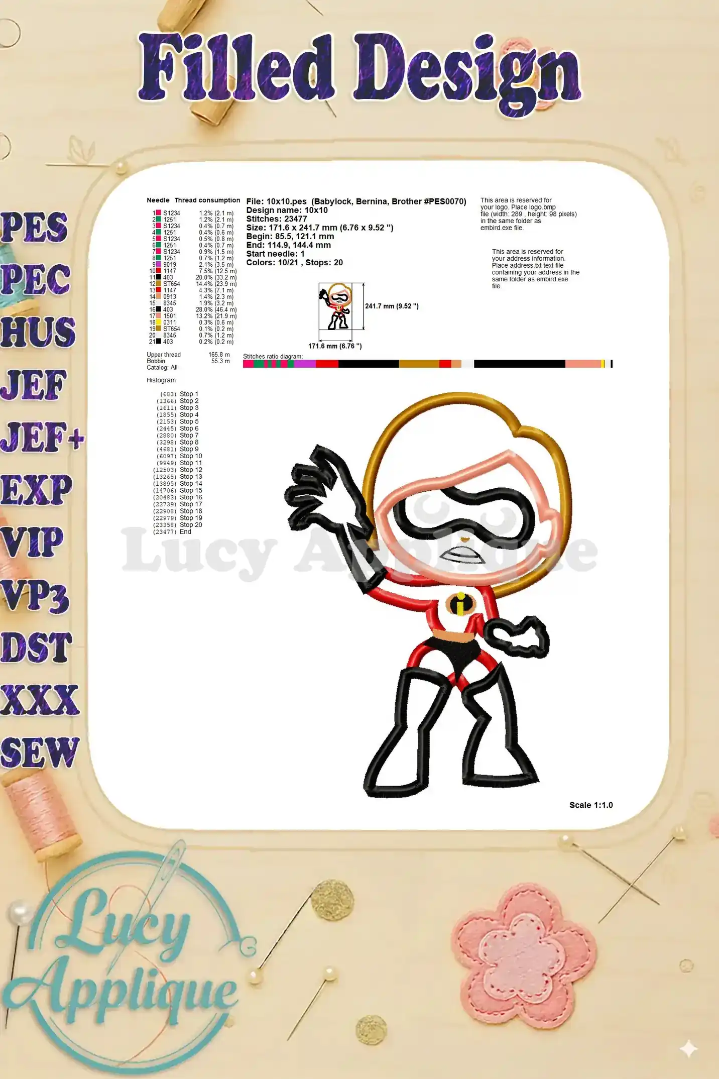 Detailed information about the filled Helen Parr embroidery design, including thread consumption, stitch diagram, and design specifications.