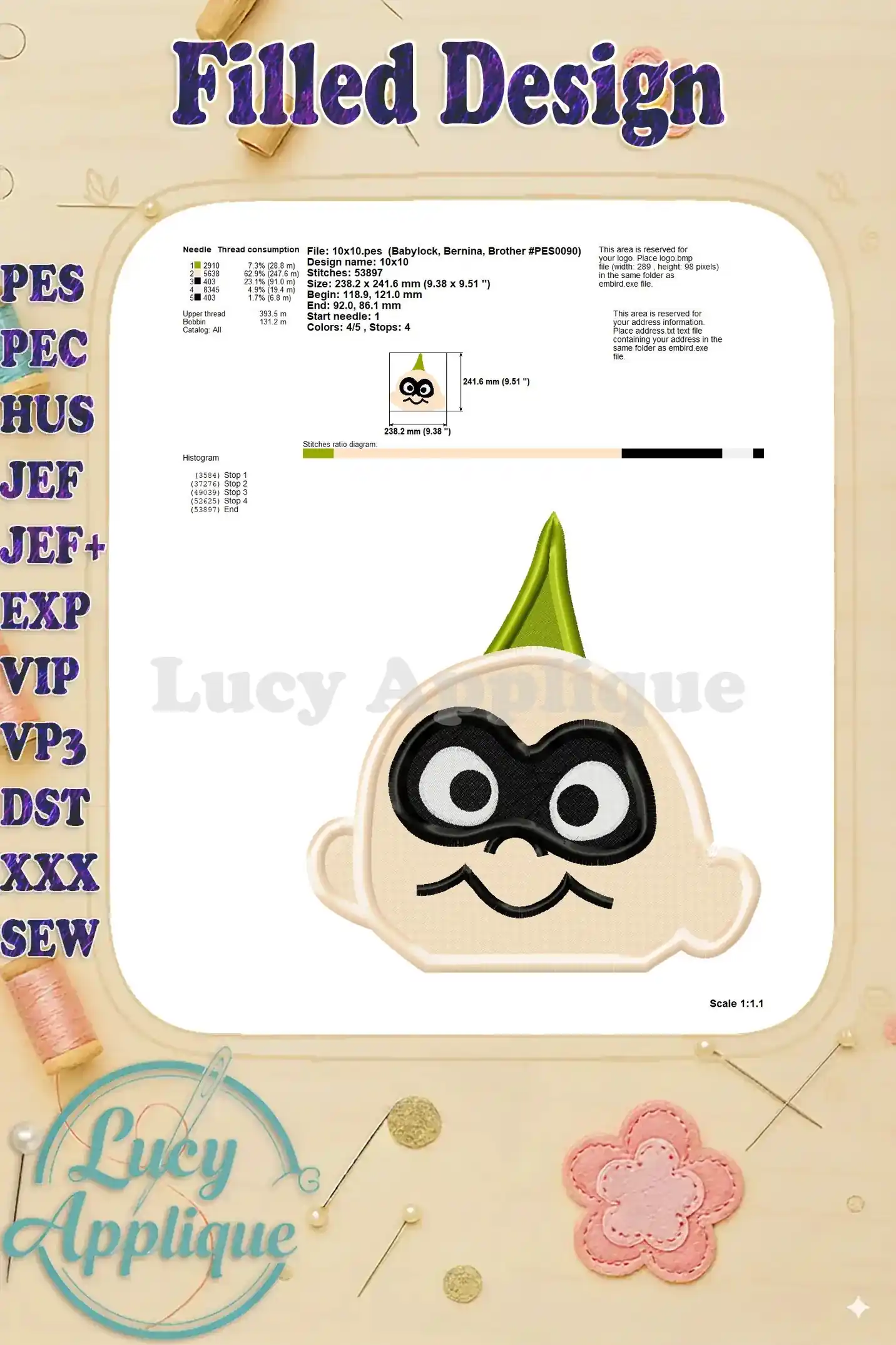 Detailed information about the Jack Jack Parr Incredibles head embroidery design, including thread consumption, stitch diagram, and design specs.