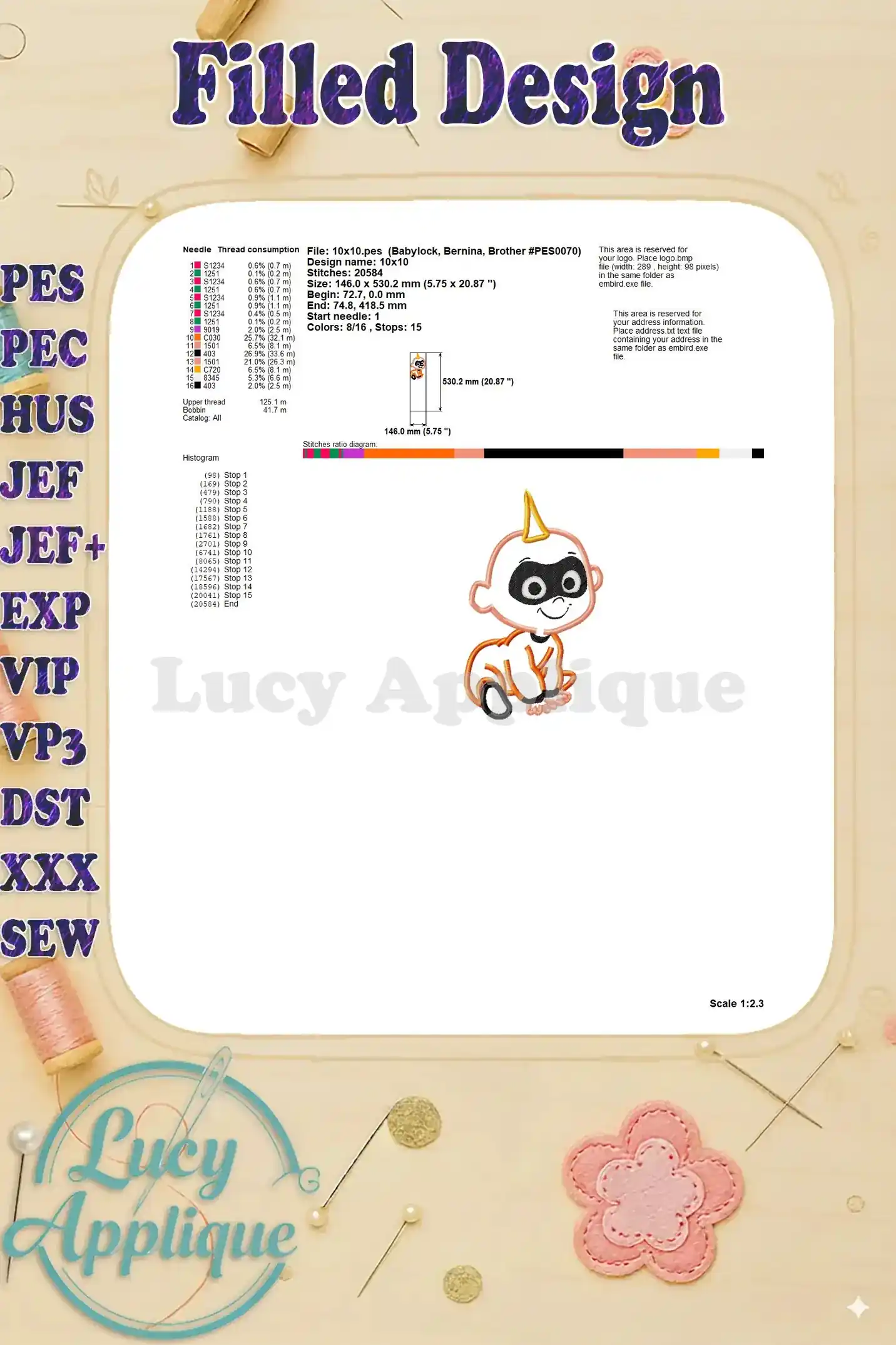 Filled design image showing the completed Jack Jack Parr applique embroidery design along with needle and thread details.