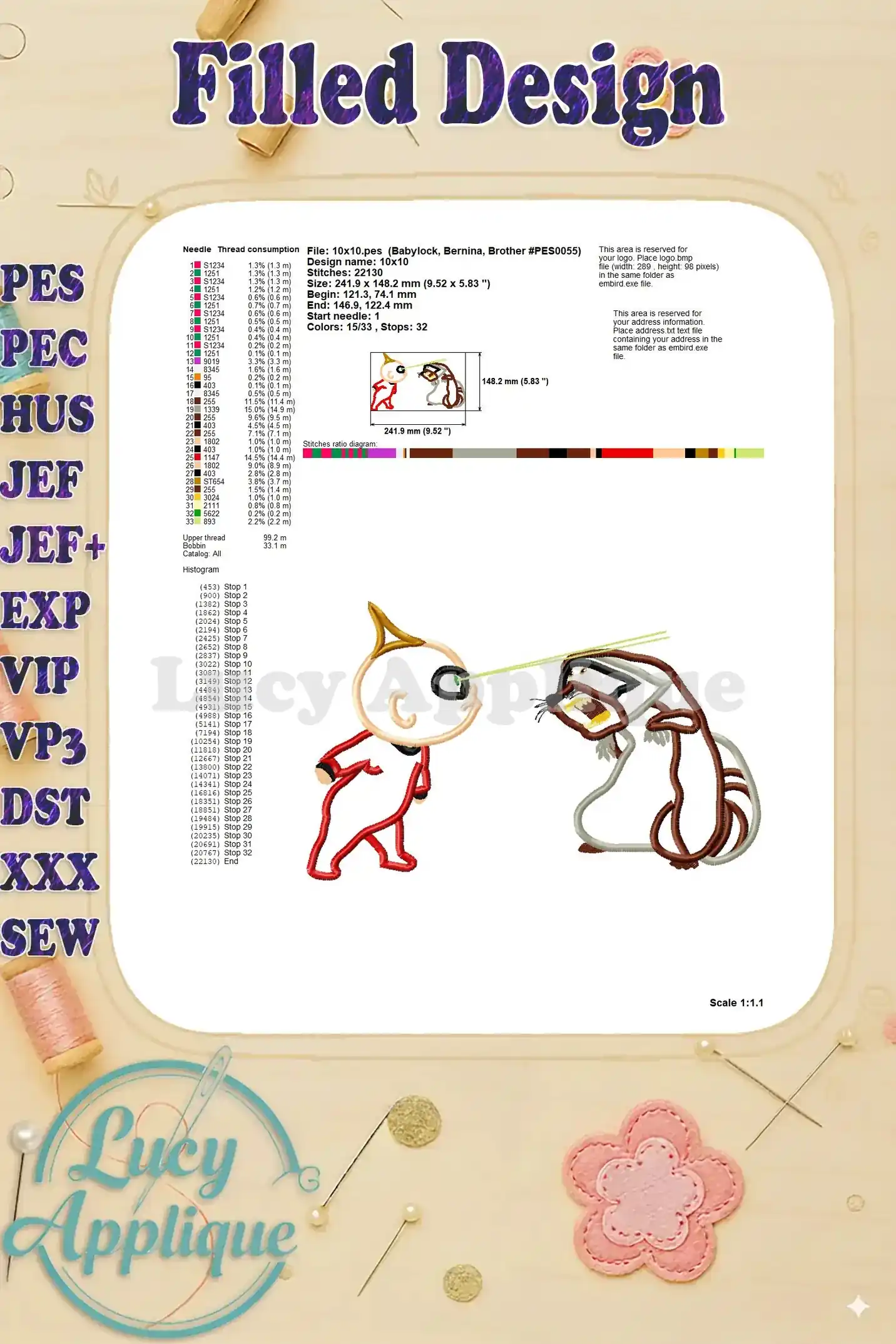 Additional filled design details for the Jack-Jack vs Raccoon applique embroidery, showing stitch information and thread consumption.