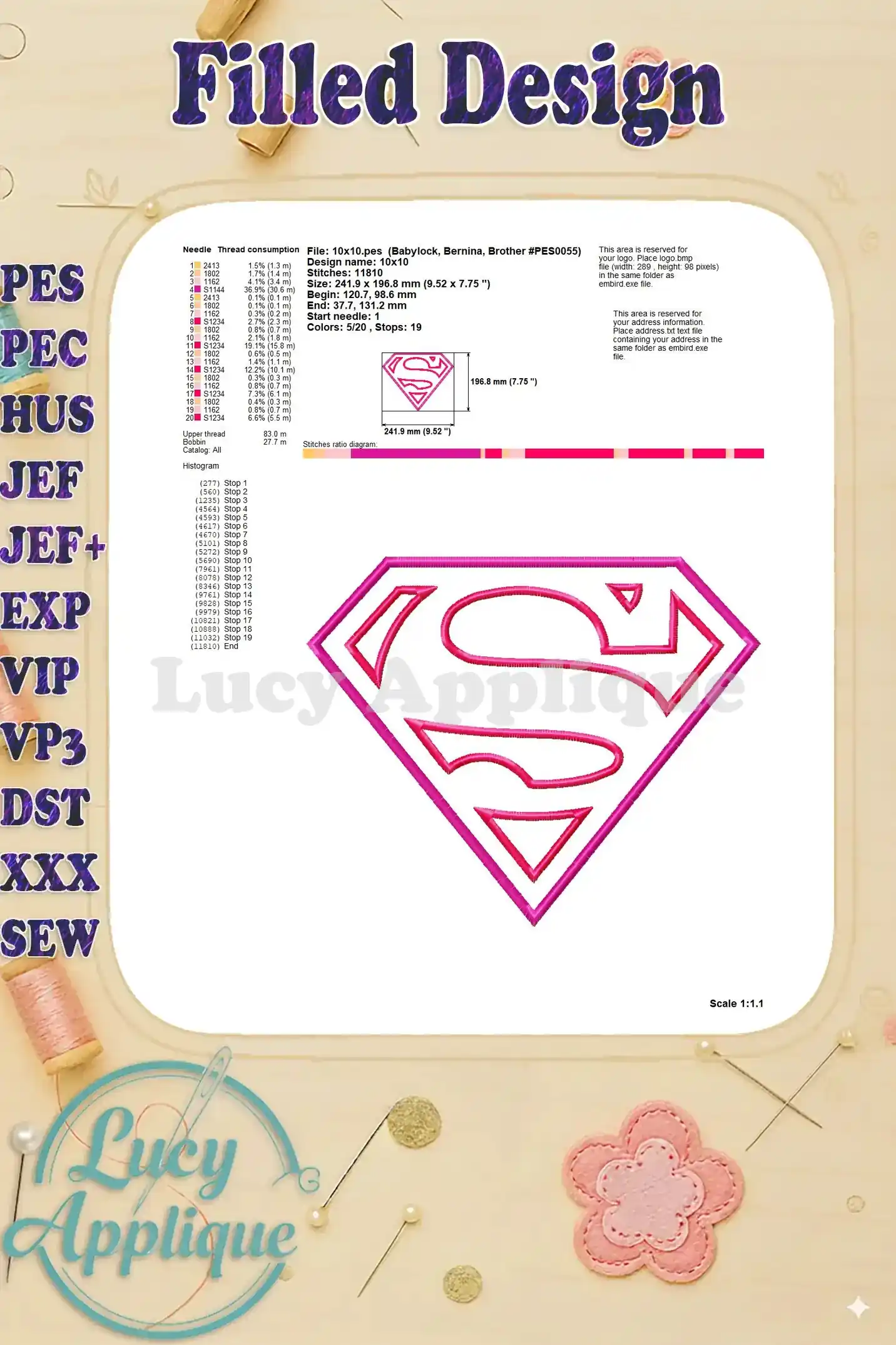 A detailed thread consumption chart for the Supergirl applique embroidery design, specifying the amount of thread needed for each color.