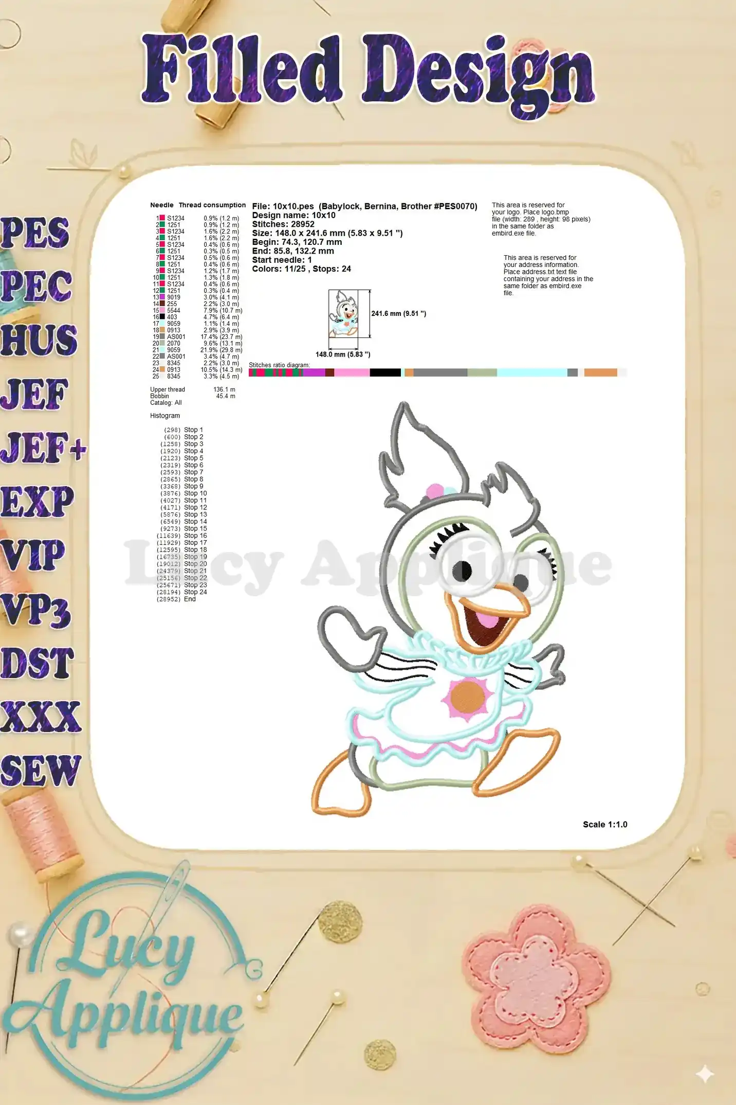Detailed information for the filled design of the Muppet Babies Summer applique, including thread consumption, stitch count, and size.