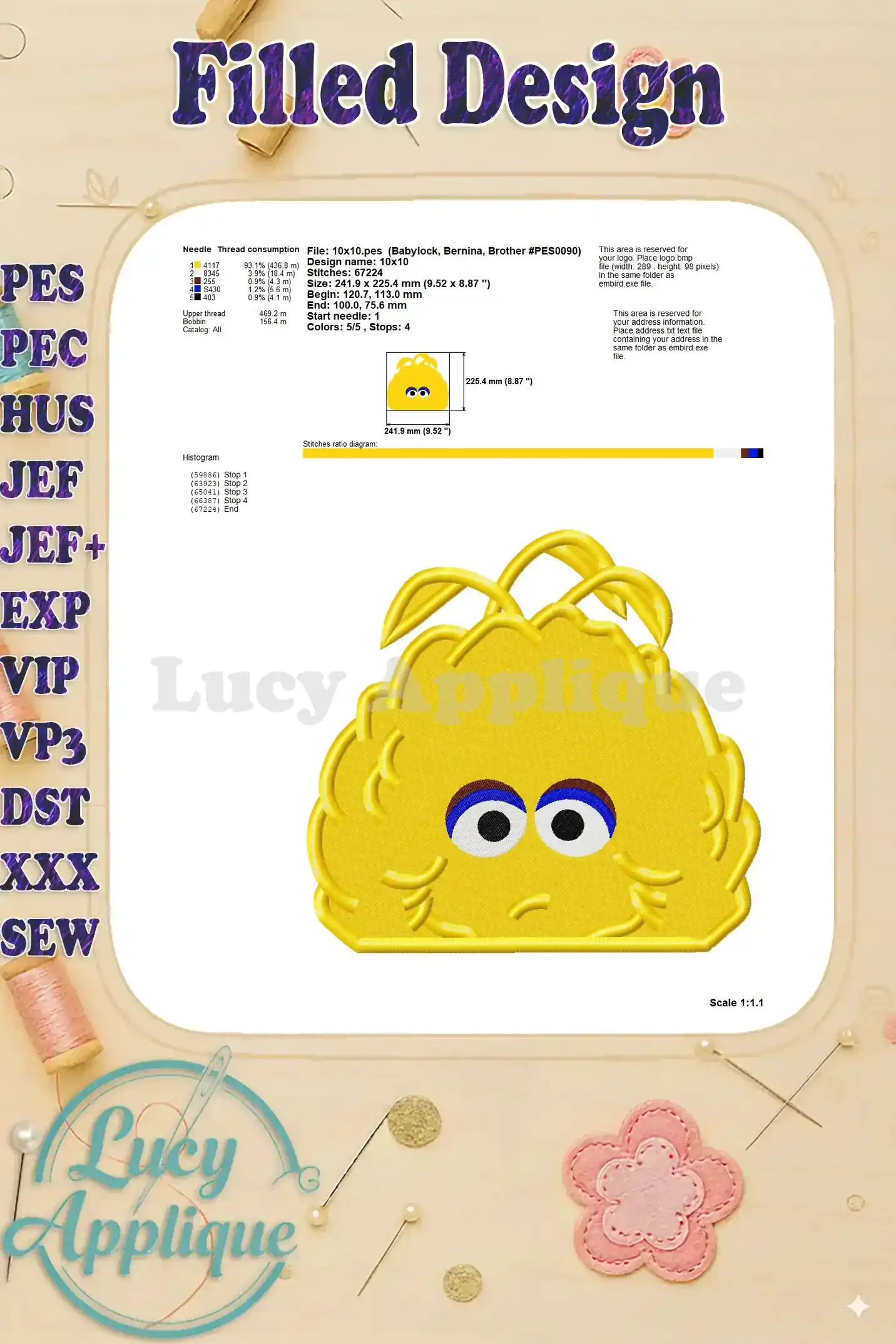This image displays needle and thread consumption details, along with a diagram of the design layout, stitch ratio, and other technical information.