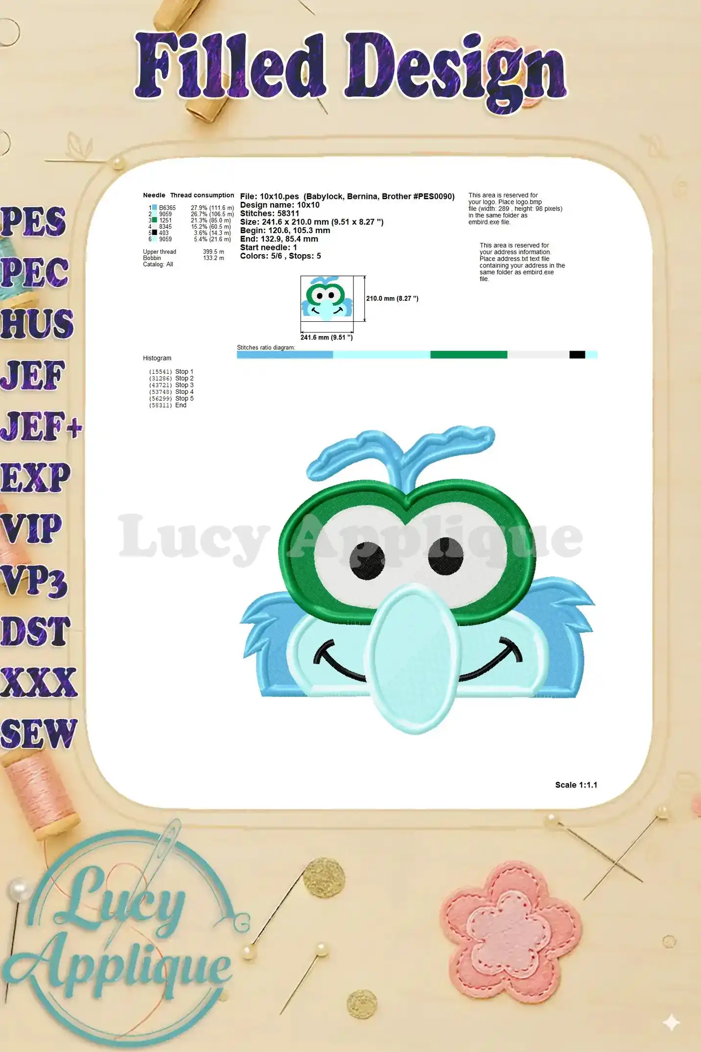 Detailed information on thread consumption, needle size, and stitch details for the Gonzo Muppet baby head embroidery design. Easy to use instructions.