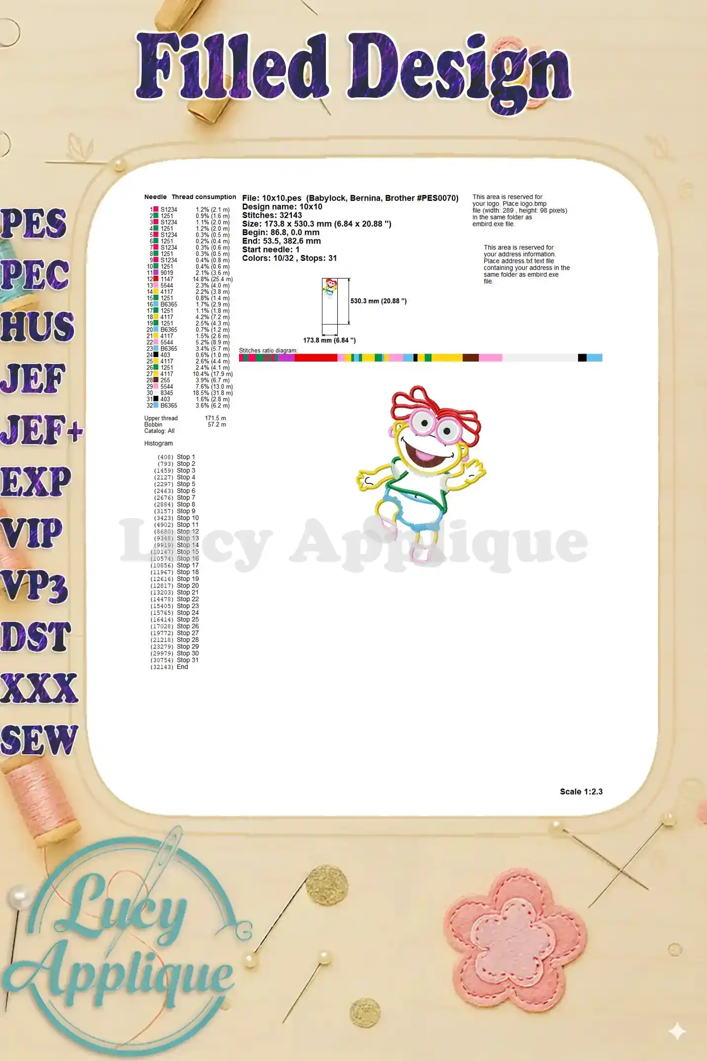 Detailed information for Skeeter Muppet Babies applique design, including thread consumption, stitch count, and other specifications.