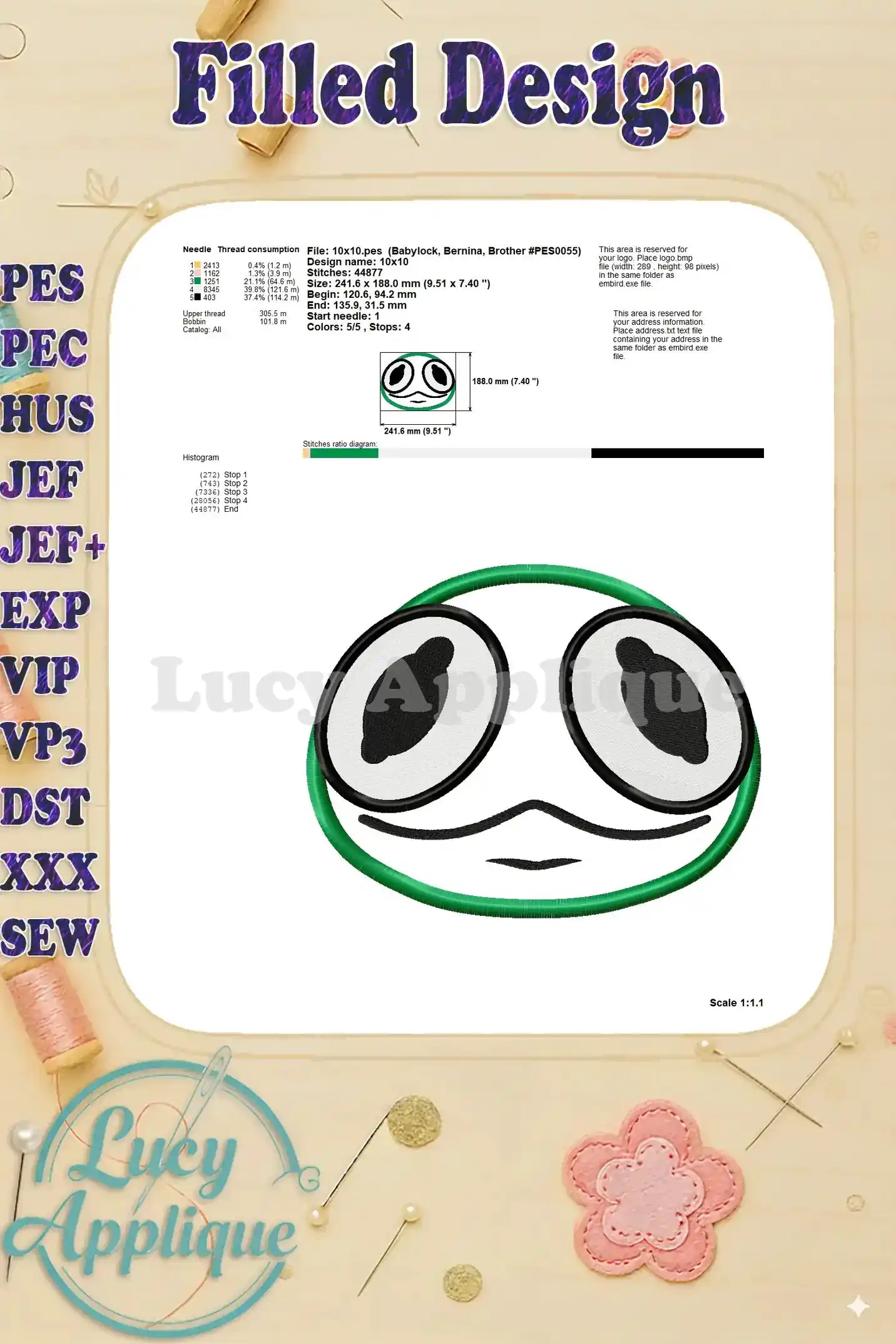 Detailed information about the Muppet applique embroidery design, including thread consumption, design size, and other essential details for successful embroidery.