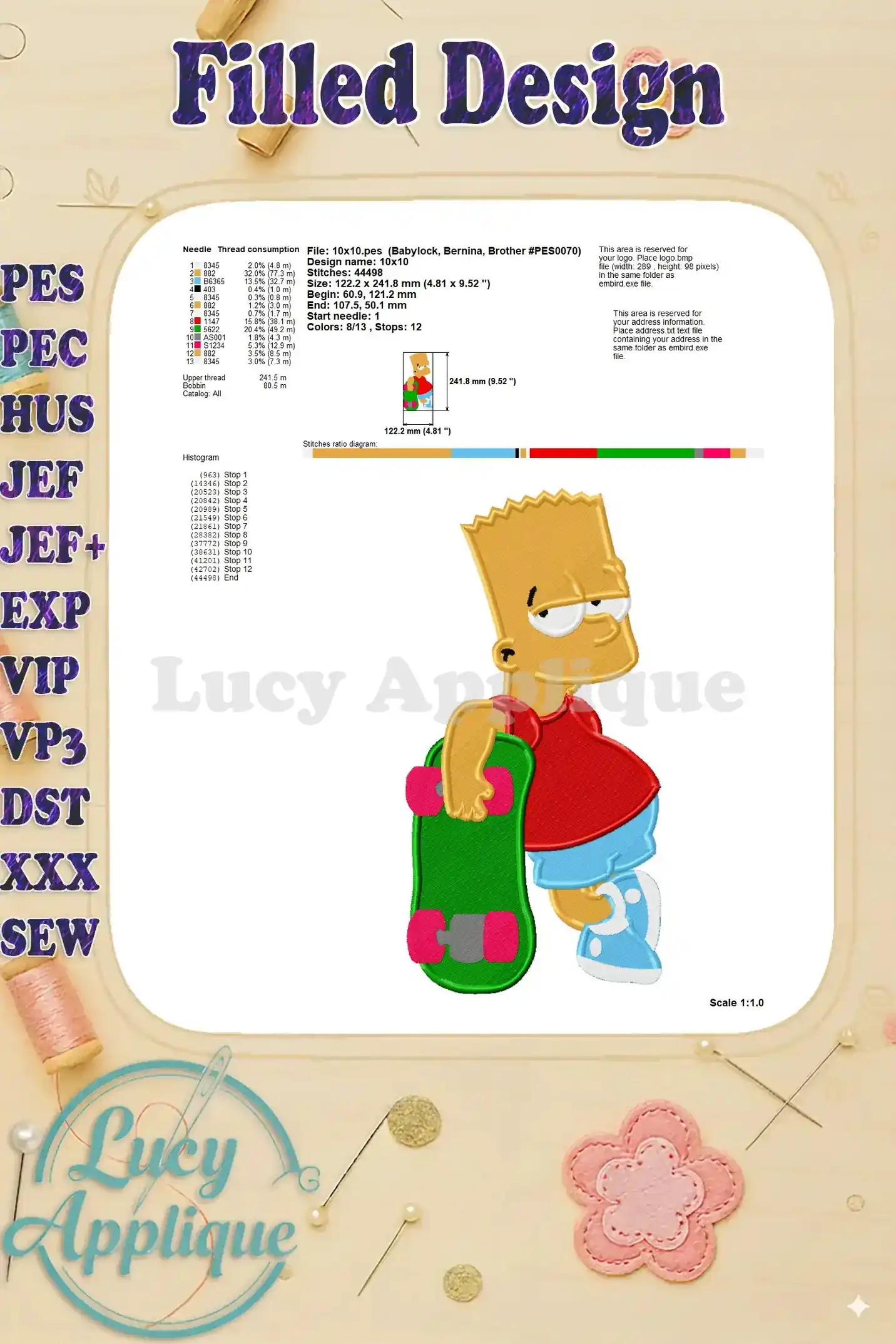 Embroidery design of Bart Simpson skateboarding. Shows thread consumption, needle details, and design size.