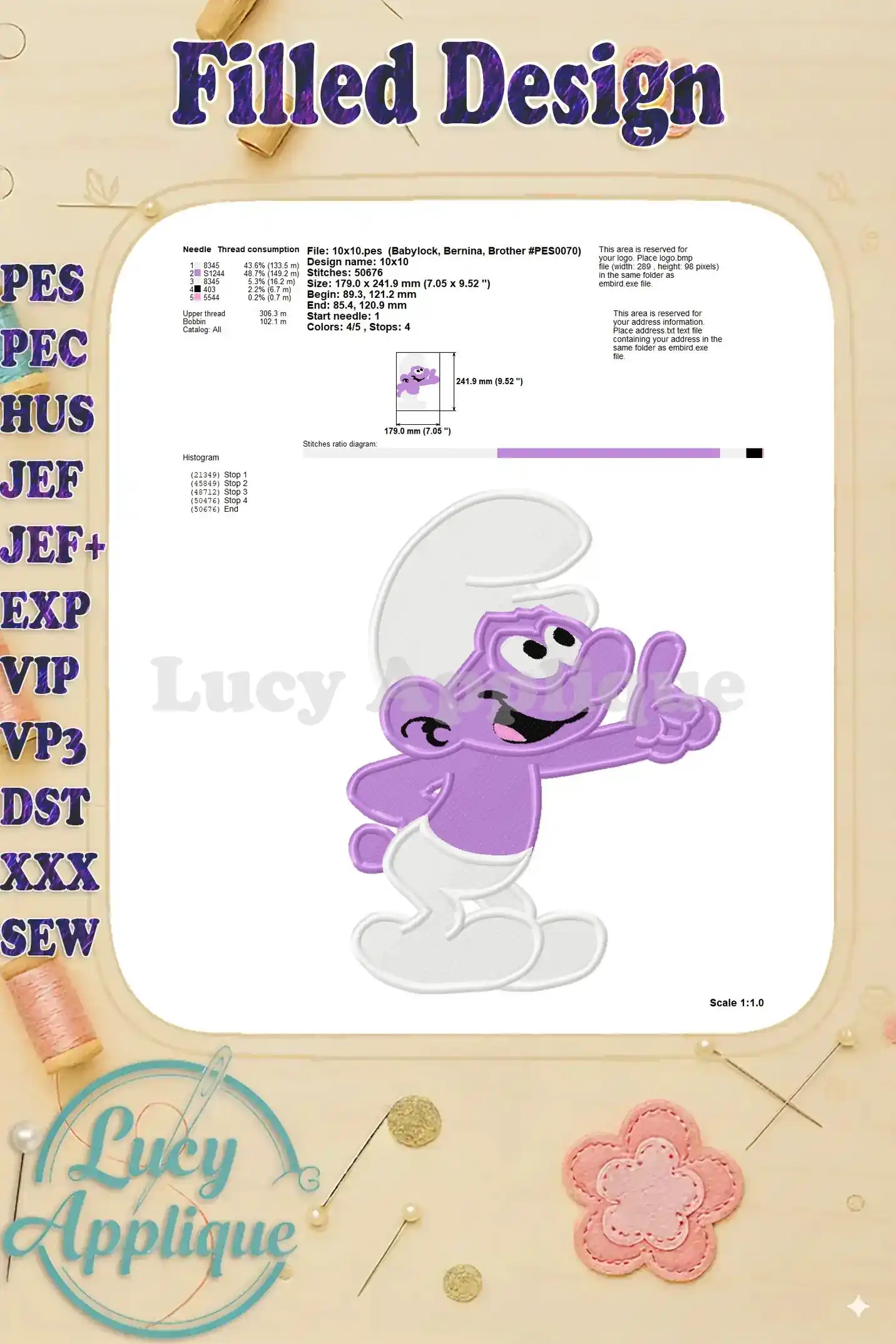 Detailed information on needle and thread consumption for the Brainy Smurf embroidery design, including design size, stitch count, and other essential parameters for a successful embroidery process.