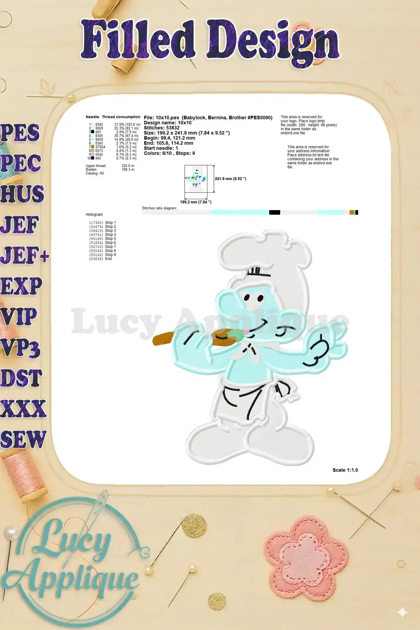 Needle and thread details for Chef Smurf embroidery, plus a visual guide of the design. Easy to understand and follow!
