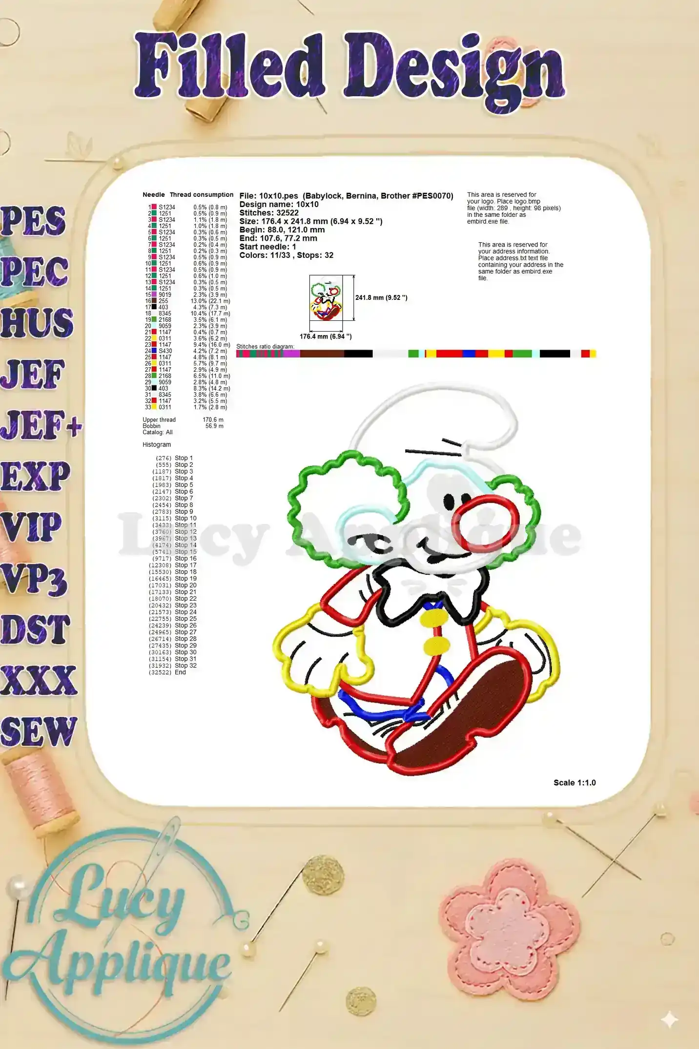 A filled design chart for the Clown Smurf applique, showing thread usage and stitch details for a complete embroidery design.
