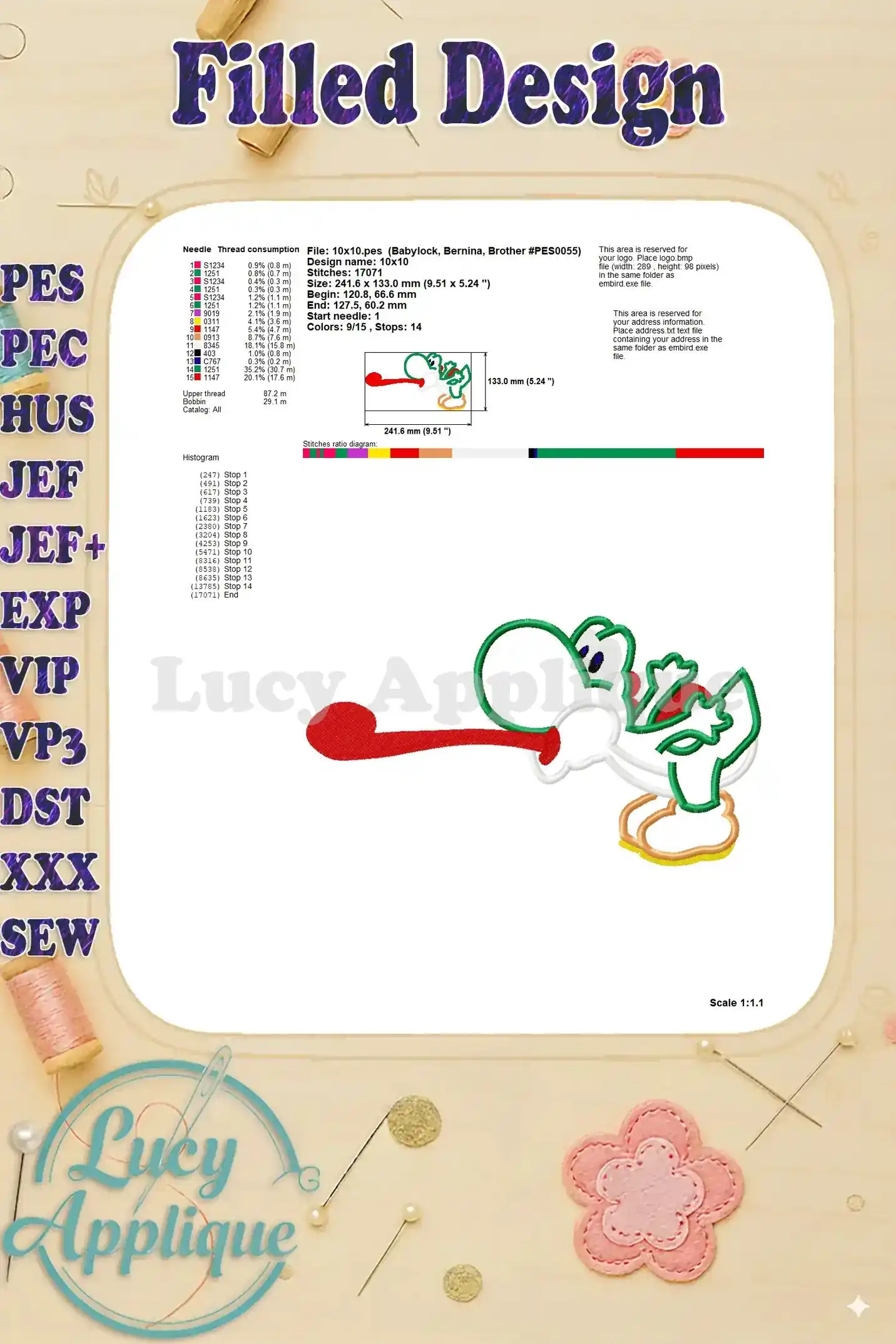 Detailed information on the filled Yoshi applique design, including dimensions, stitch counts, and needle/thread consumption details.