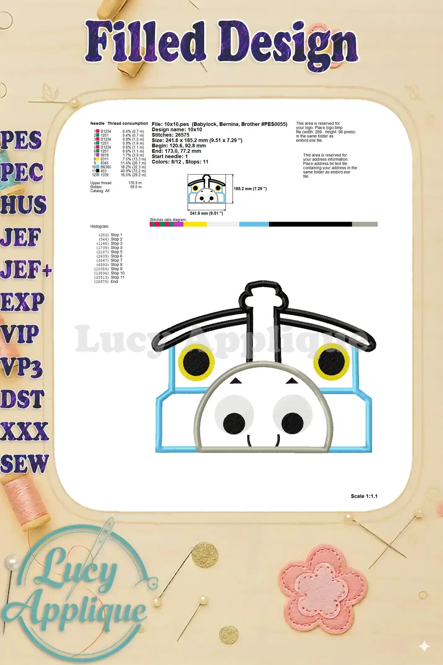 Detailed information on thread consumption, stitch details, and design dimensions for the Thomas the Train applique embroidery design.