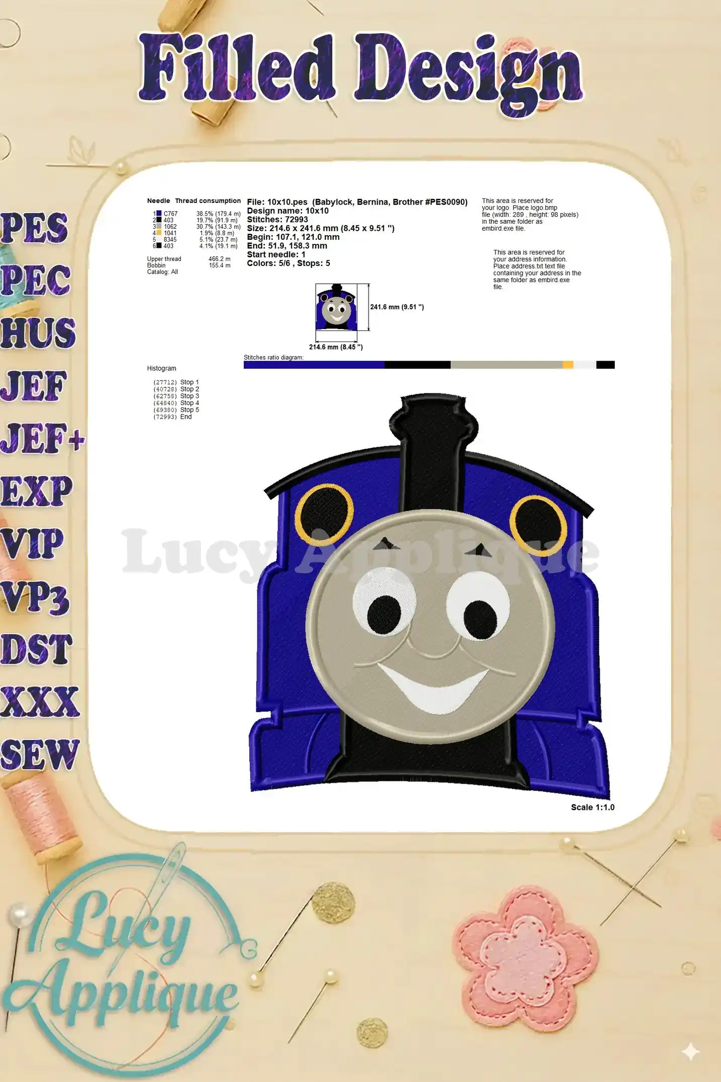 Detailed technical specifications for the Thomas the Train embroidery design, including needle and thread details, design dimensions, and stitch count information.