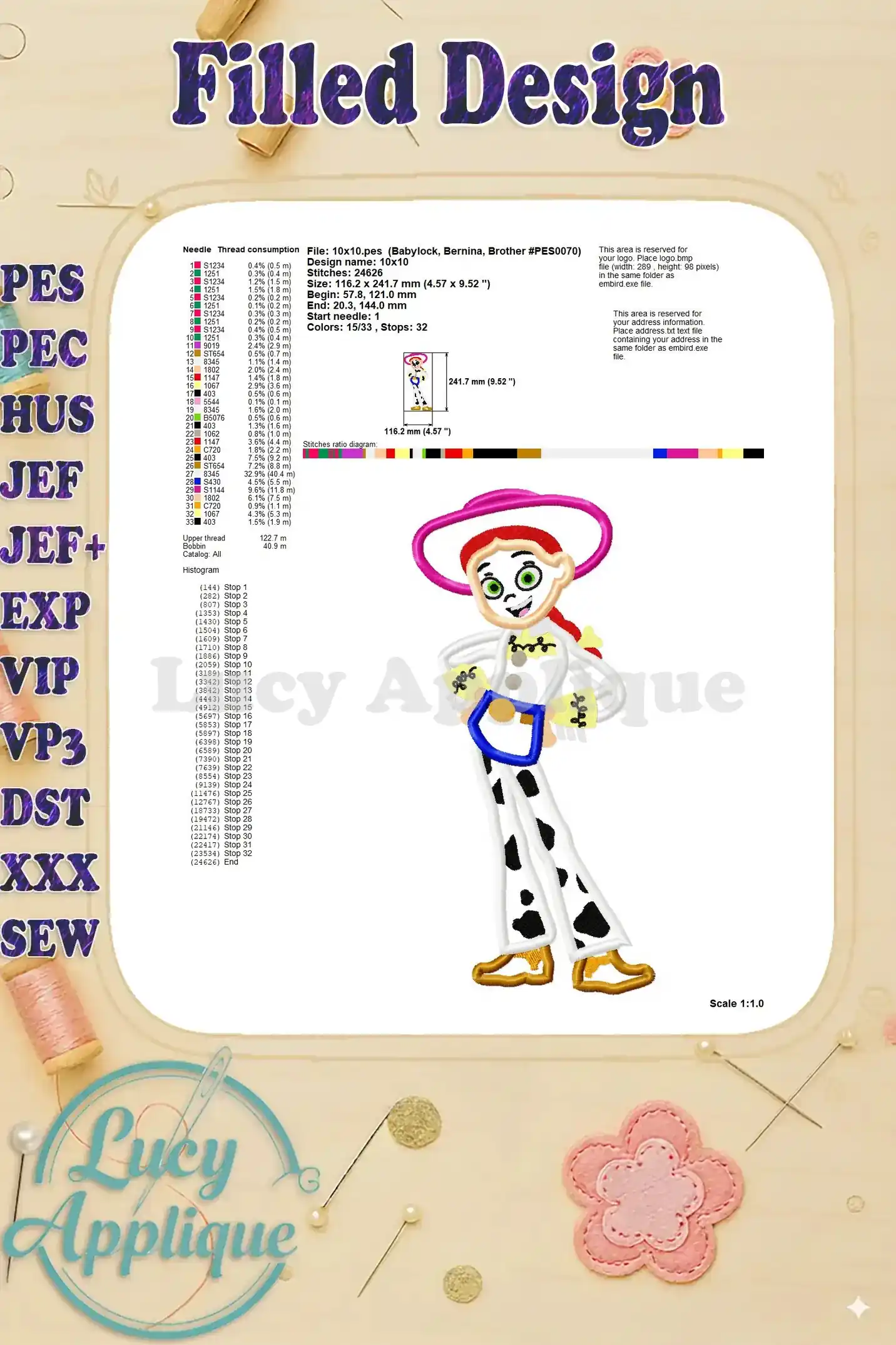 Filled design of the Jessie applique, showing the final look and size details. Includes thread consumption information and machine details.