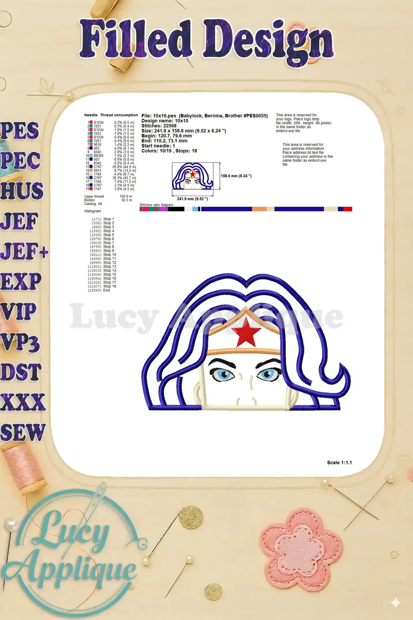 Detailed information about the filled Wonder Woman applique embroidery design, including needle and thread specifications, design size, and stitch count.