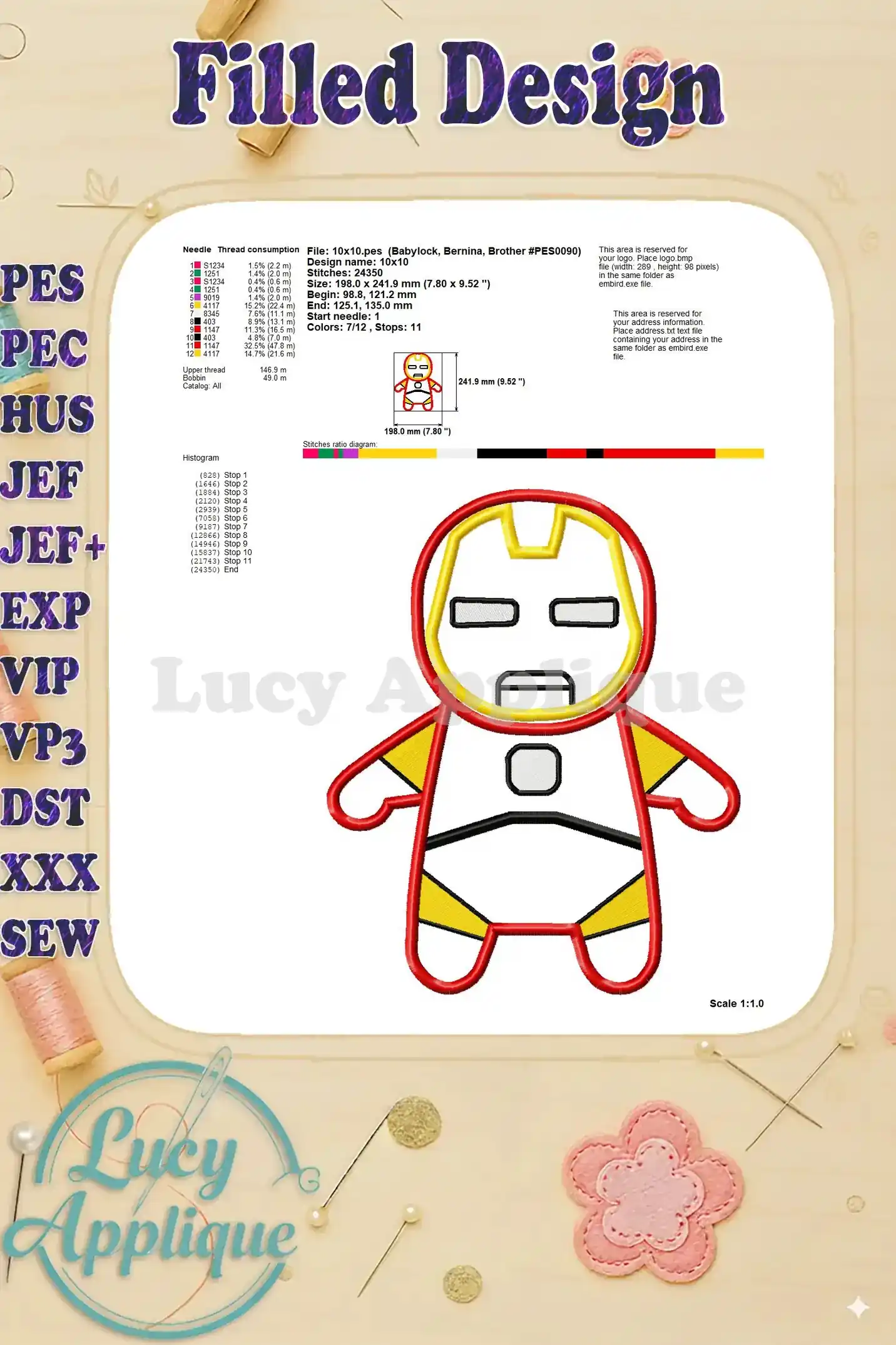 Detailed information on the Iron Man baby applique design, including thread consumption, stitch count, and other technical details.