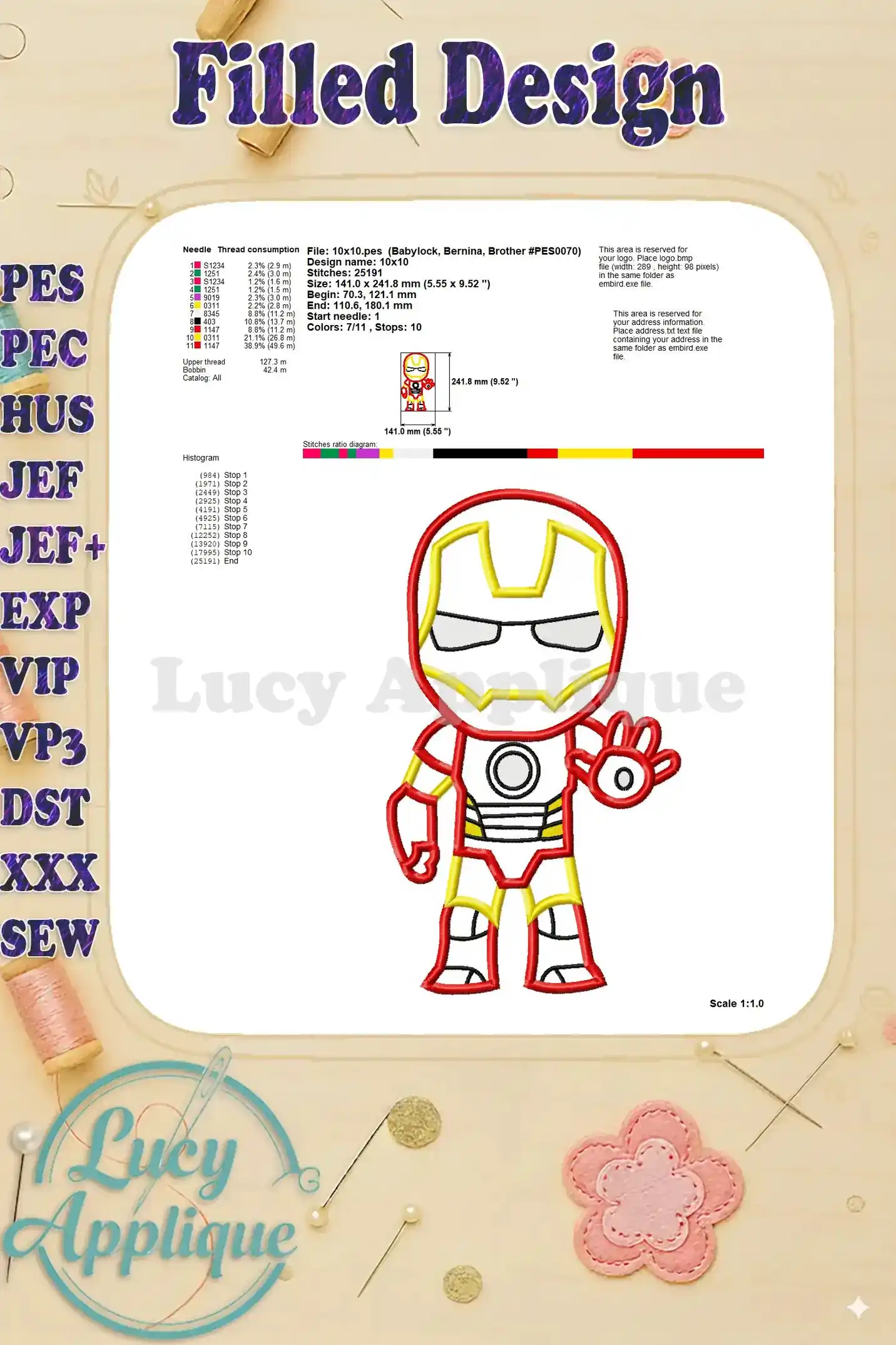 Detailed information on needle thread consumption, design size, and stitch count for the Iron Man applique design. Useful for preparation.