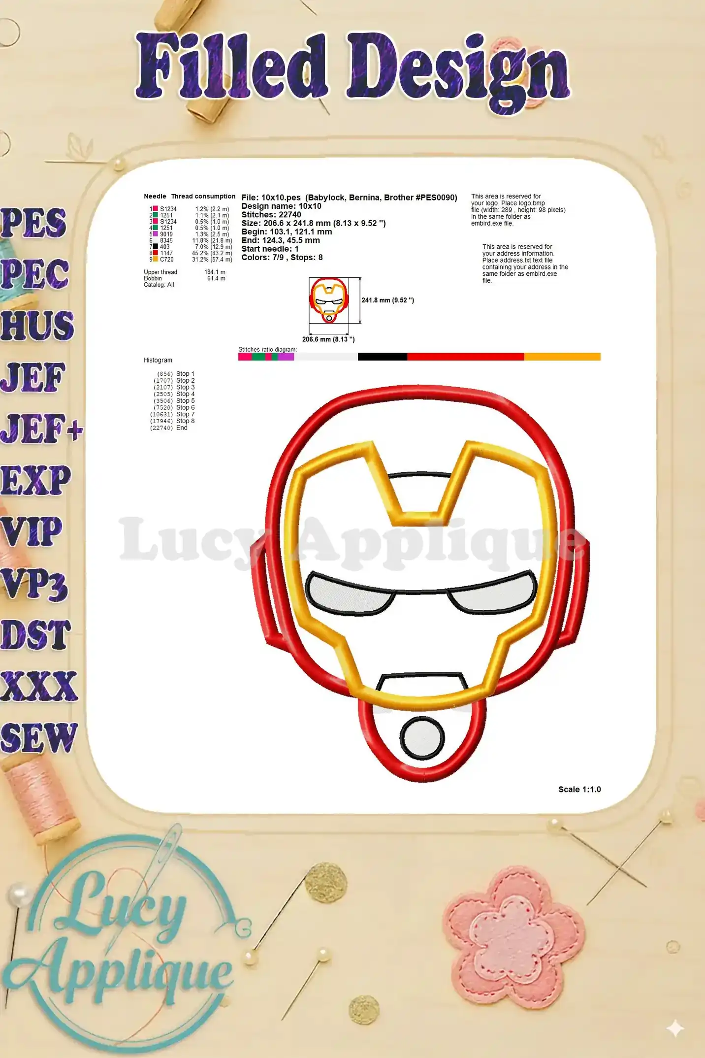 Additional filled design image for the Iron Man applique with needle and thread consumption details, including stitch diagram.