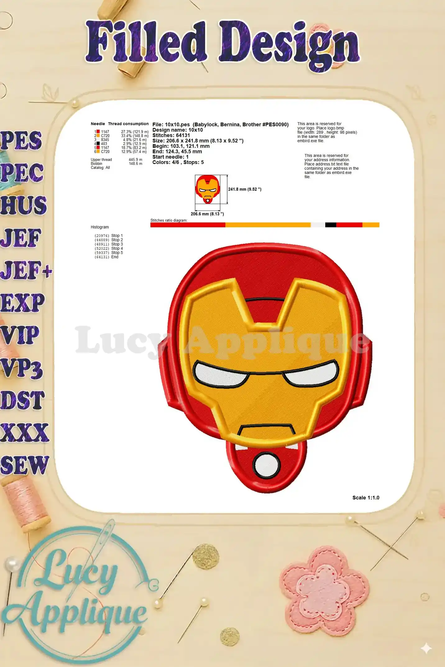 A technical specification sheet for the Iron Man embroidery design, providing details on stitch count, design size, and needle type.