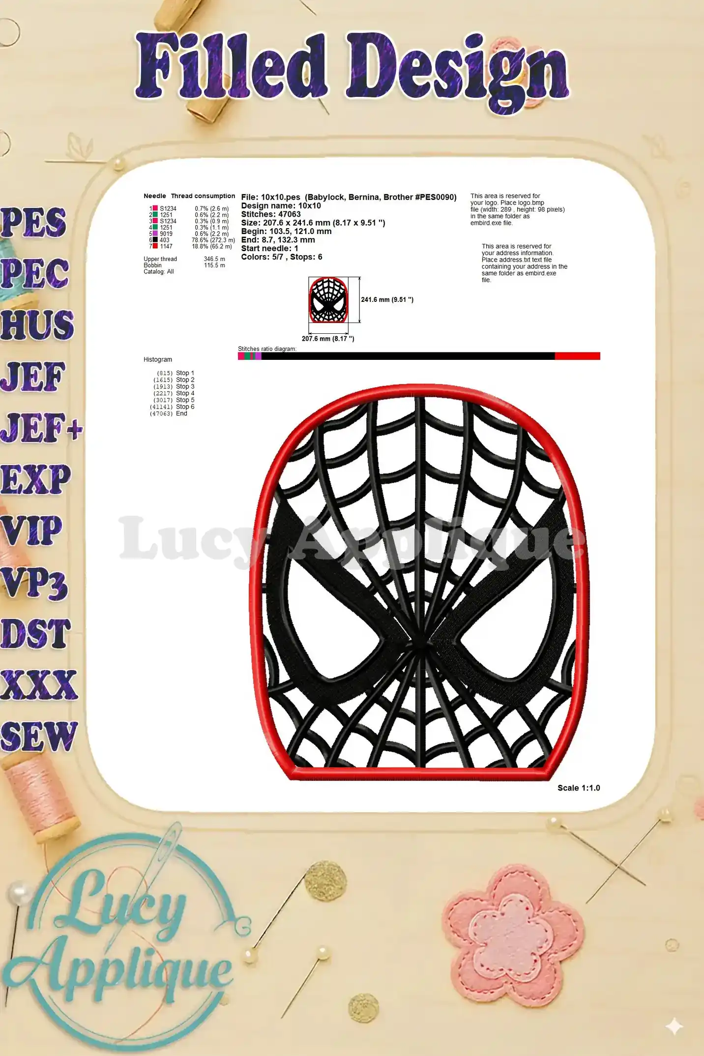 Detailed information on needle, thread, and stitch specifications for the Spider-Man applique embroidery design, including scale and design dimensions.