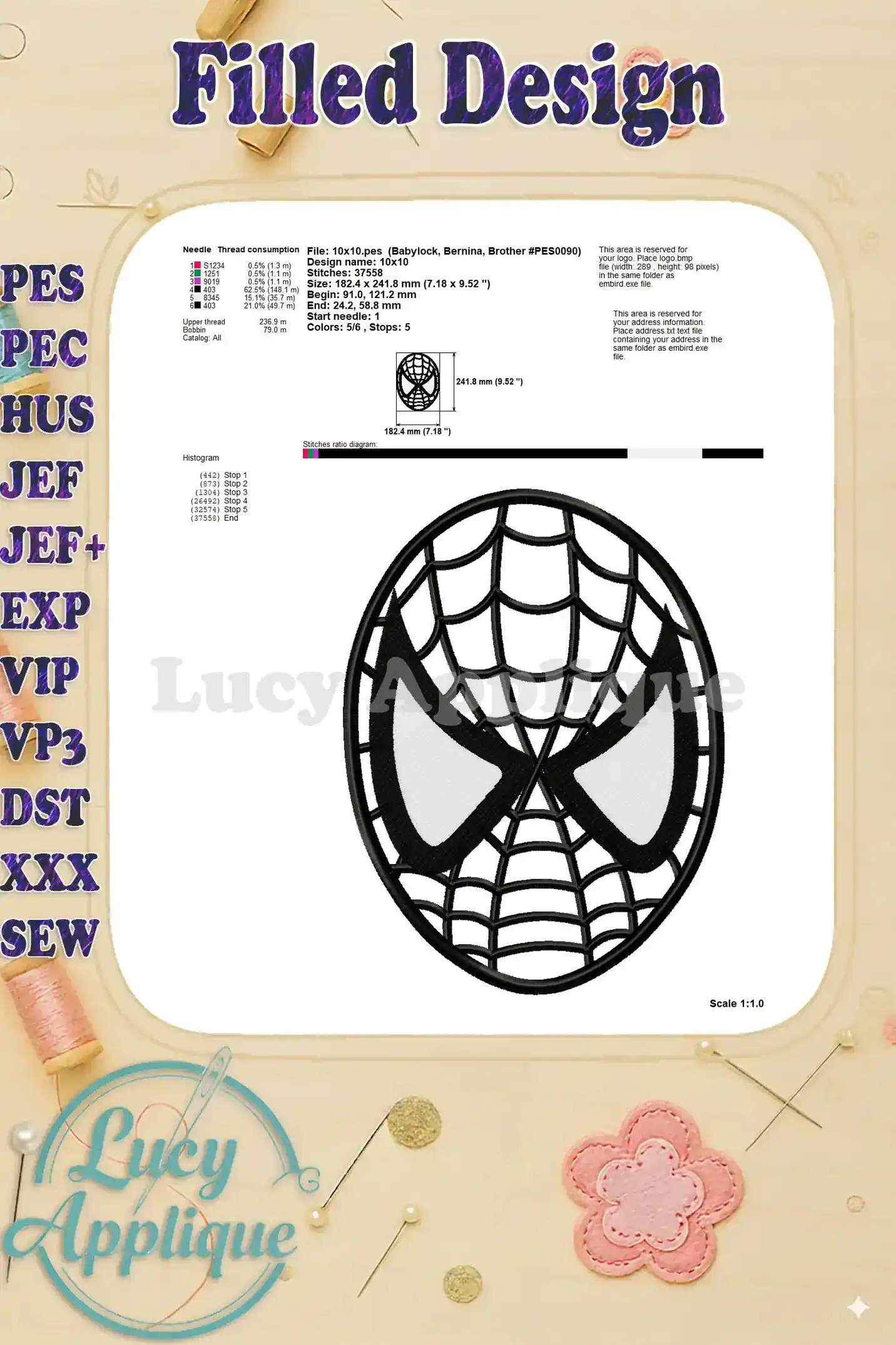 Shows the filled design with needle and thread consumption details, alongside the design size and stitch count for accurate embroidery.