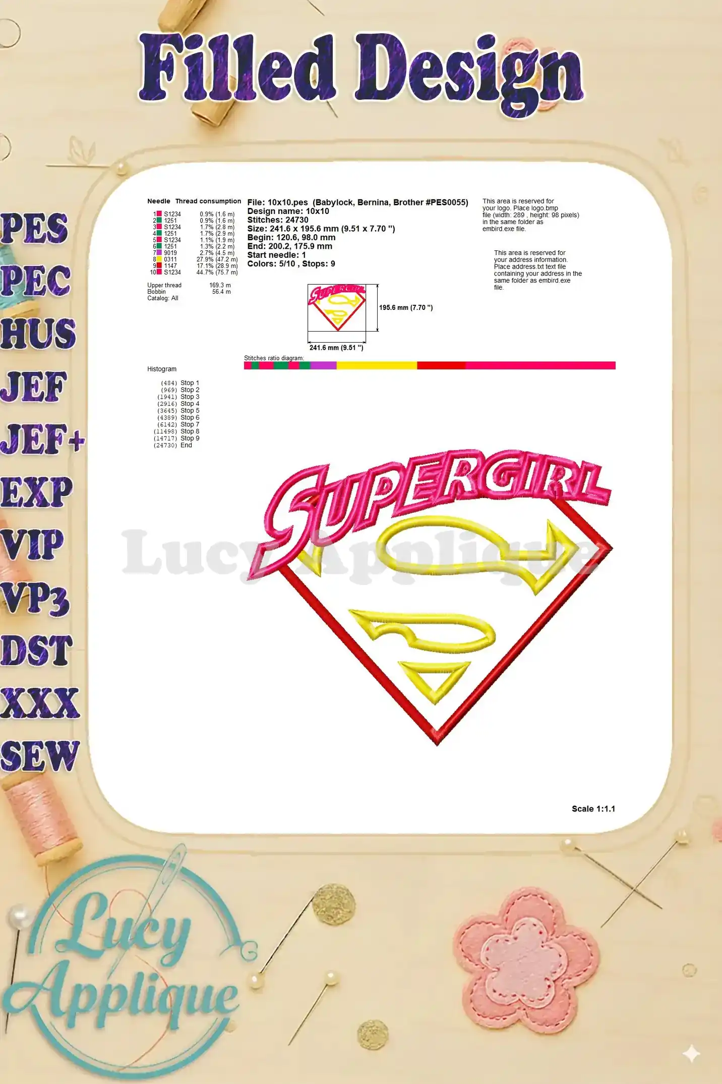 Technical specifications and details for the Supergirl applique embroidery design, including stitch count, dimensions, and thread consumption information.