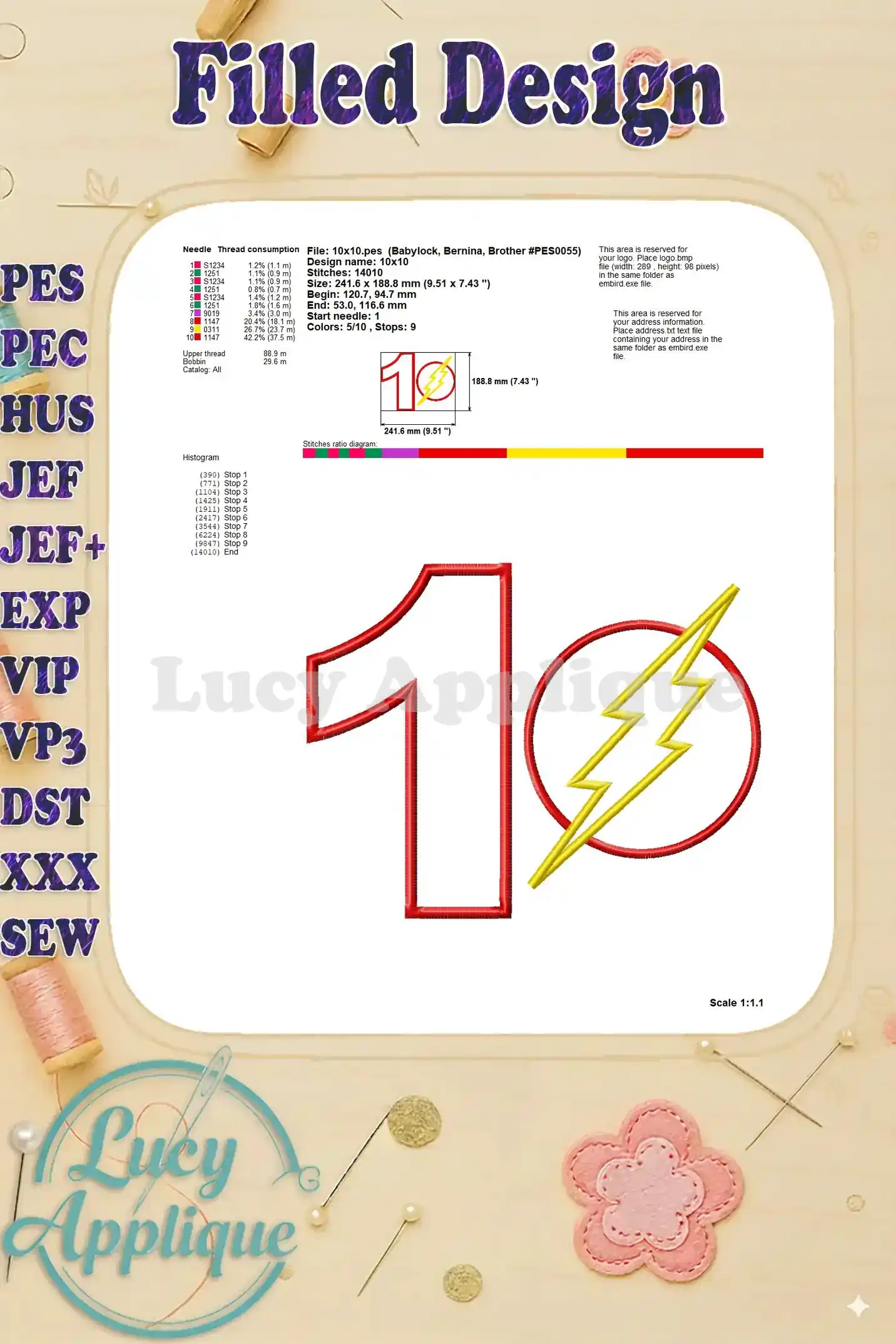 Detailed information about the filled design, including needle, thread, and stitch specifications for The Flash Birthday Number 1 applique.