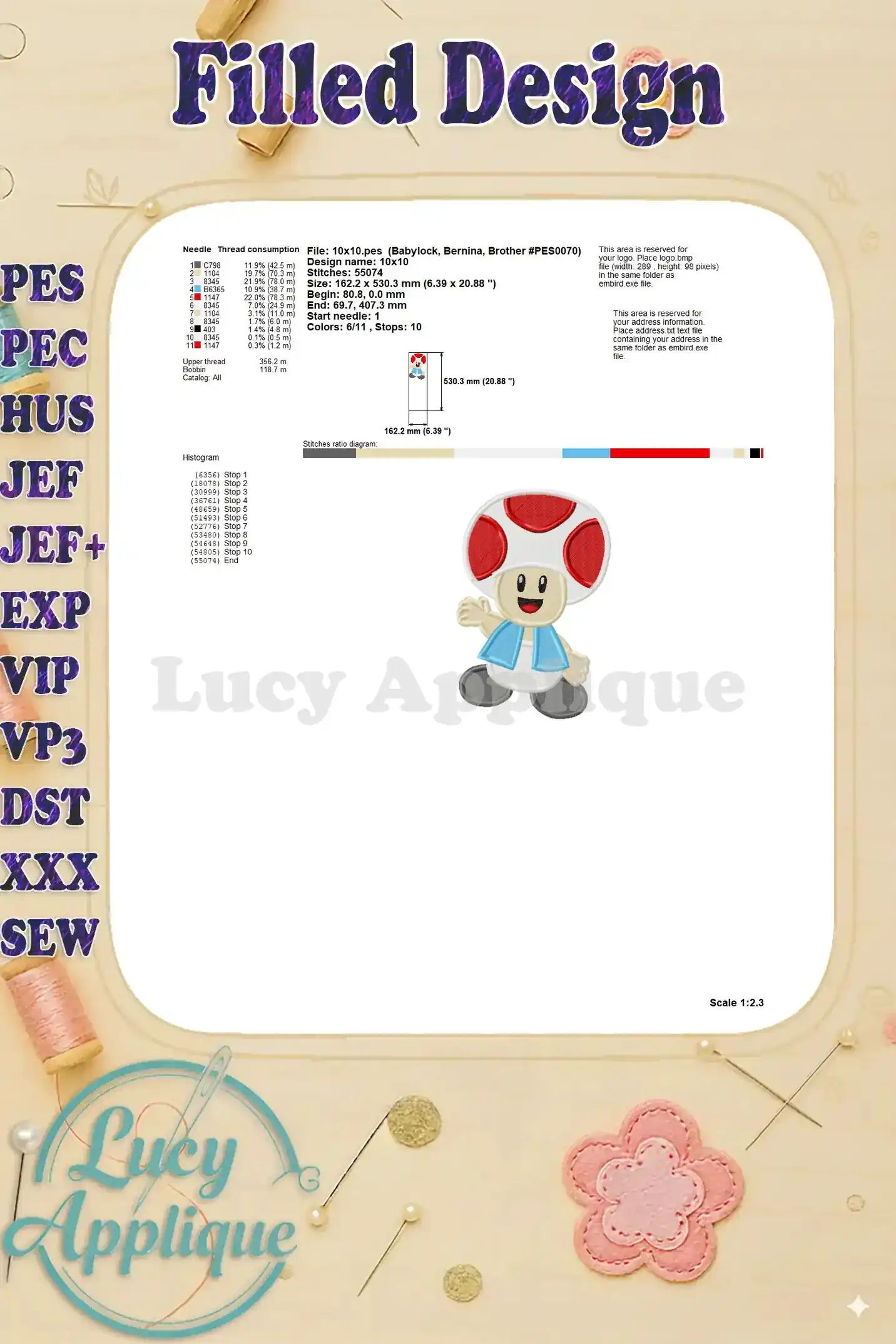 Needle and thread consumption chart for the Toad Super Mario embroidery design, including design size, stitch count, and other specifications.