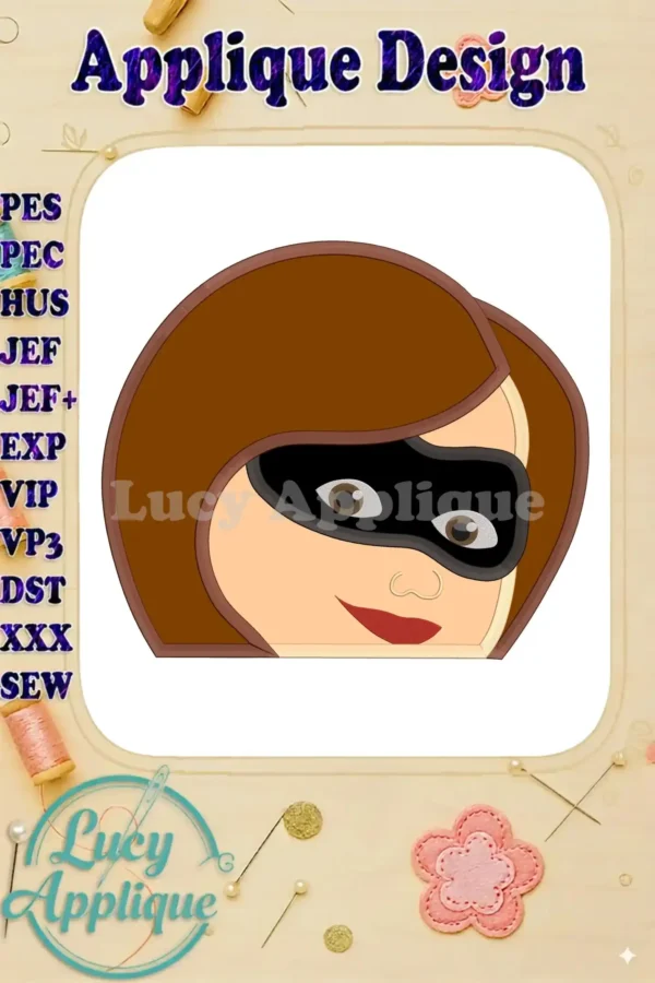 Elastigirl's head as an applique embroidery design. The image showcases the design in brown and black, suitable for various fabrics. Includes several file formats for different machines.