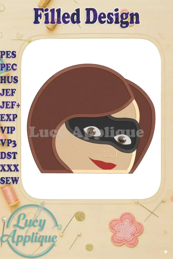 Elastigirl from The Incredibles, depicted in a filled machine embroidery design with brown hair and a black mask. The design is shown on a white background within a decorative frame.