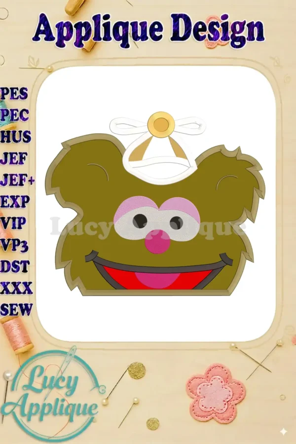 Fozzie Muppet Baby Head applique embroidery design. A charming, detailed illustration of Fozzie Bear, suitable for various projects.