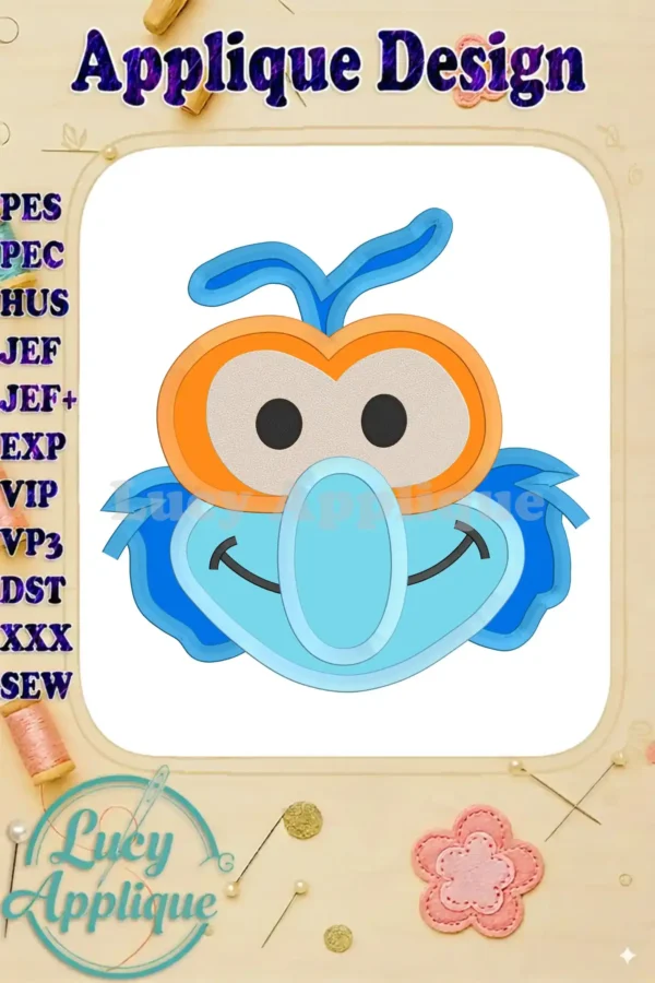 Gonzo Muppet Baby Head applique embroidery design. A charming blue and orange applique design featuring Gonzo's iconic features. Perfect for adding a fun touch to baby items.