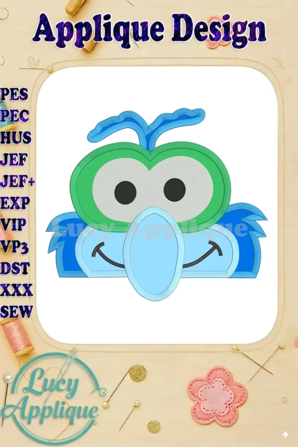 Gonzo Muppet Baby Head applique embroidery design. A charming, colorful design featuring Gonzo's iconic features, ready to be stitched onto various fabrics.