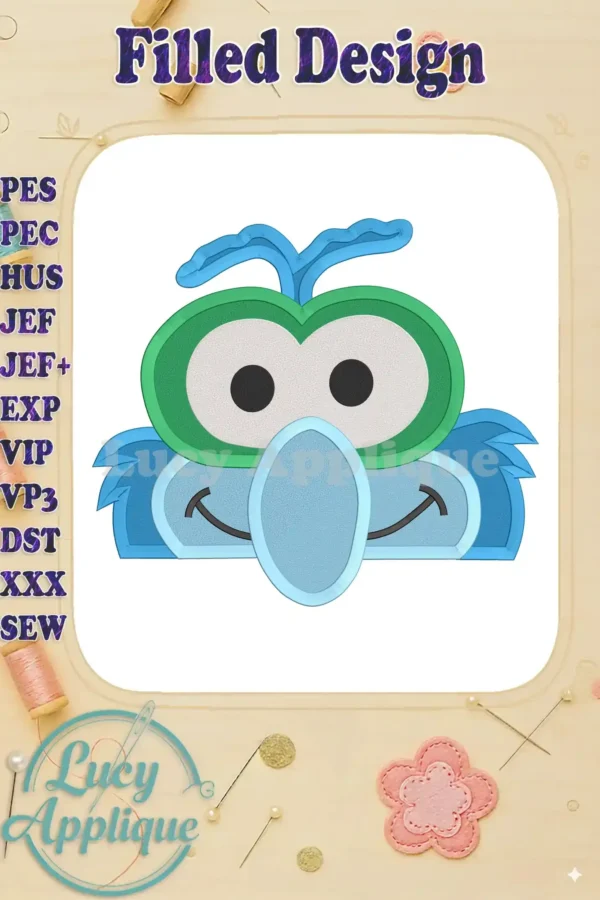 Embroidery design of Gonzo Muppet baby head, filled stitch, in blues and greens. Perfect for applique projects. Includes design details and stitch information.