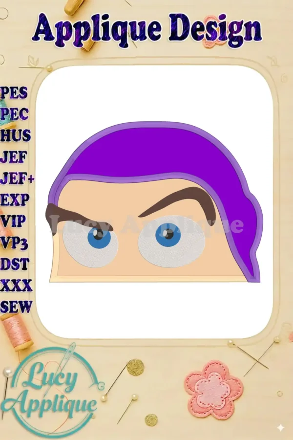 Buzz Lightyear's face applique embroidery design. Purple helmet, detailed eyes. Perfect for Toy Story fans. Easy-to-follow instructions included.