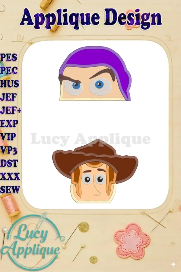 Main image showcasing two adorable applique embroidery designs of Buzz Lightyear and Sheriff Woody from Toy Story. Perfect for adding a fun, whimsical touch to your creations!