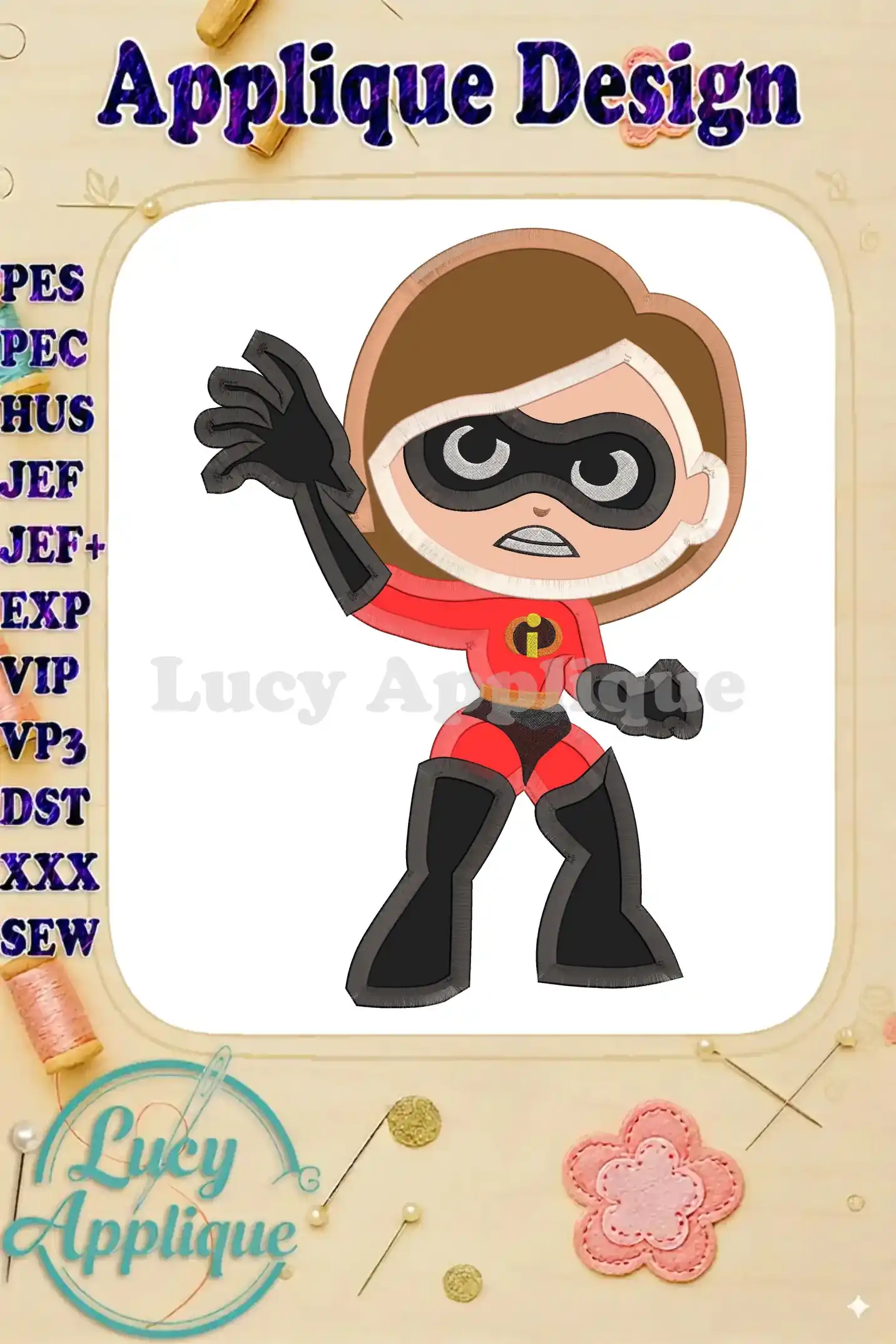 Embroidery design of Helen Parr from The Incredibles, showcasing her in a heroic pose with a detailed applique style. This design is ready to stitch!