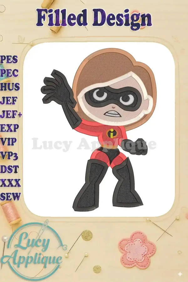 Embroidery design of Helen Parr, Elastigirl from The Incredibles, in a superhero pose. The design is filled and ready to be stitched. Includes various file formats.