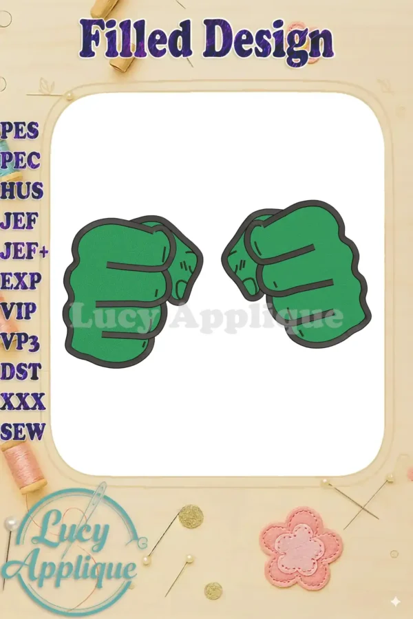 A vibrant close-up showcases the Hulk's powerful green fists, ready to be embroidered. This filled design is perfect for adding a superhero touch to your projects!