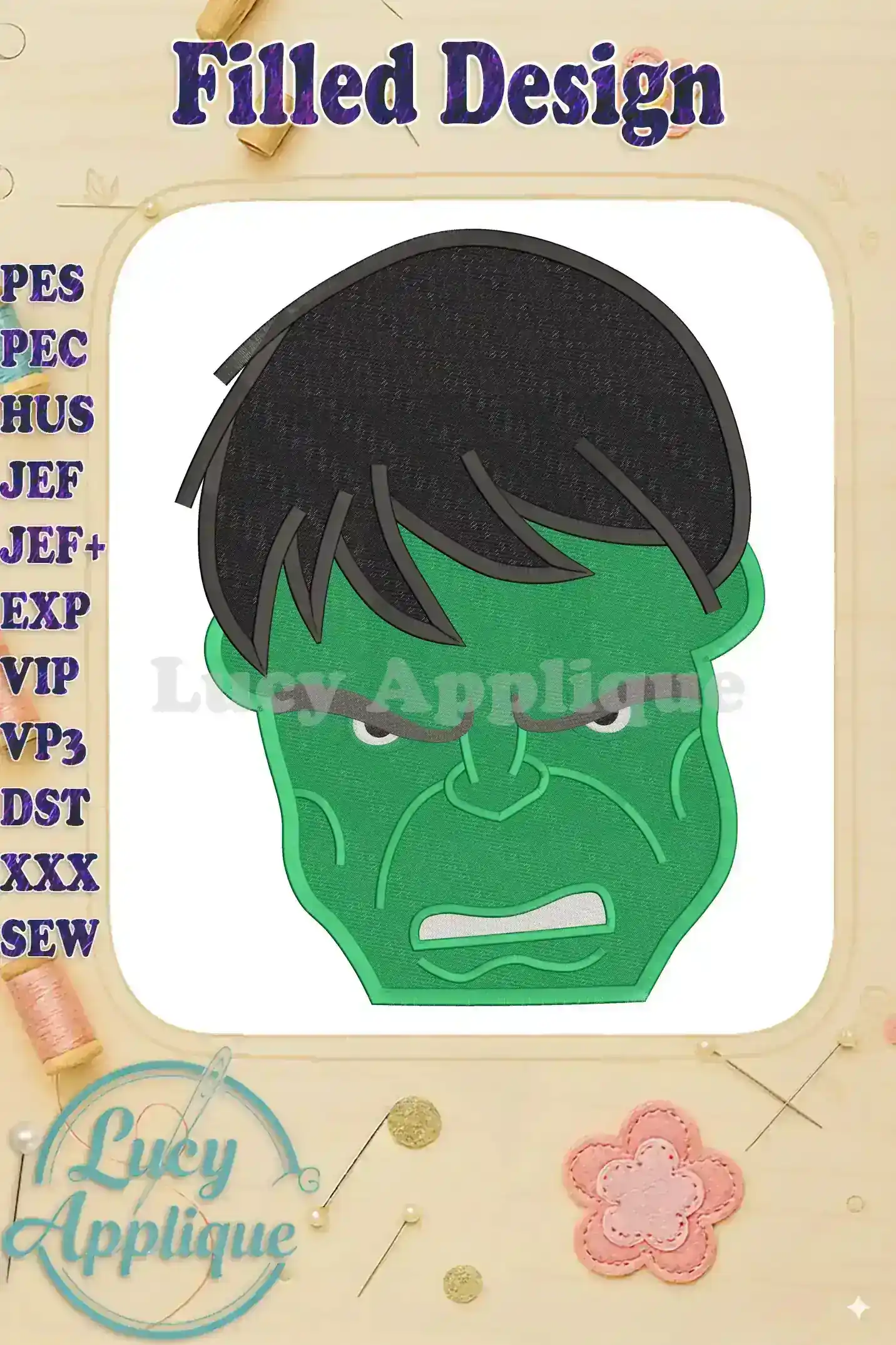 A close-up of a vibrant green Hulk head embroidery design, showcasing detailed facial features and black hair, ready to be stitched.