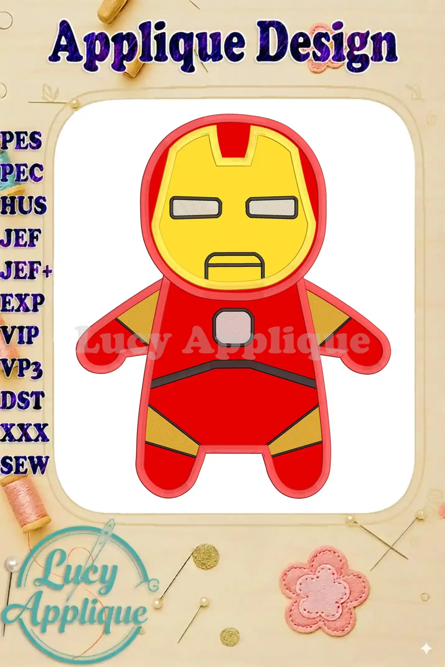 Iron Man baby applique embroidery design in red and gold. Simple, charming design suitable for beginners. Includes various file formats for different embroidery machines.